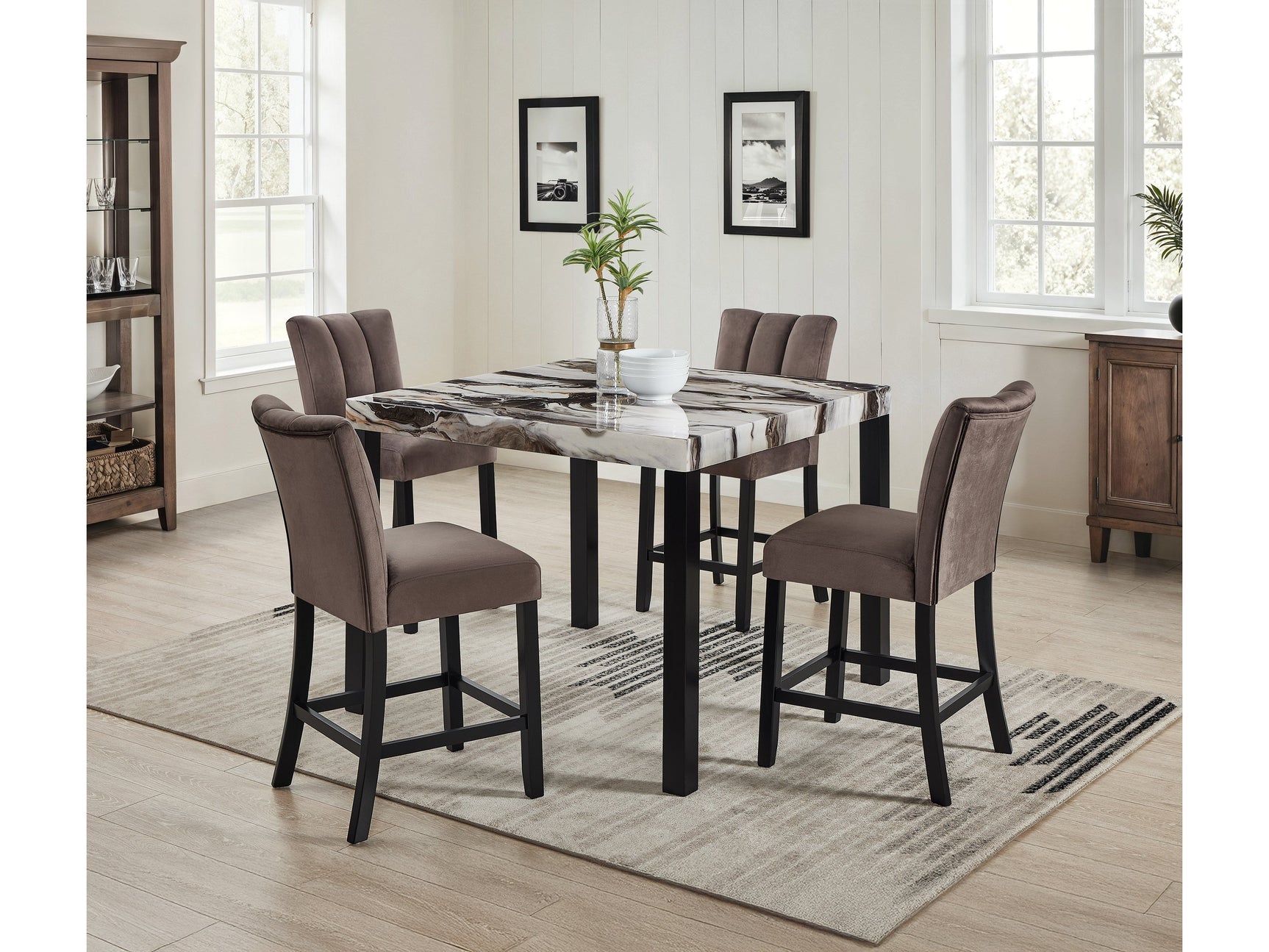 Vega Mocha/Black Faux Marble Top Counter Height Dining Set - Ornate Home