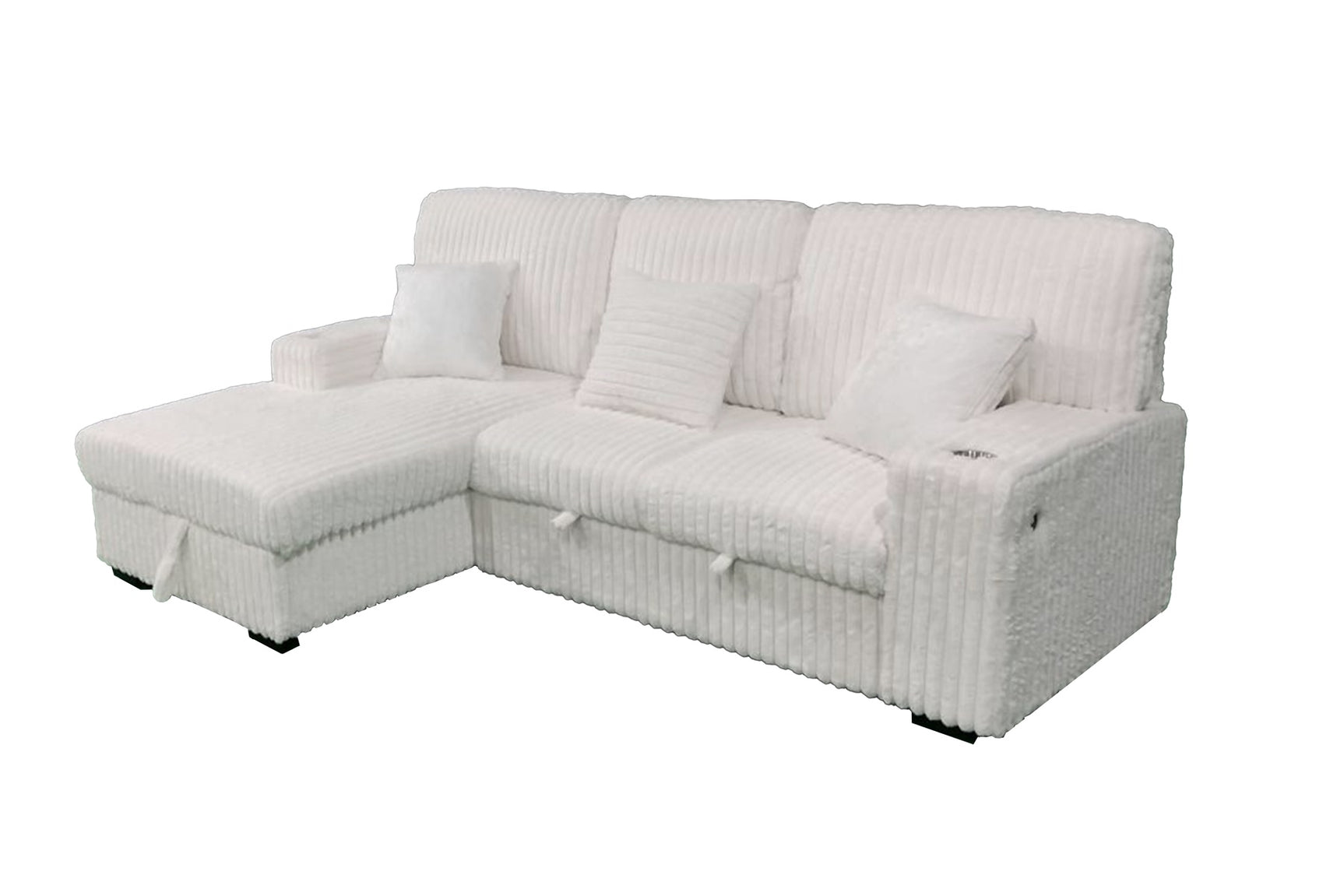 Venice Ivory Corduroy Storage Sleeper Sectional w/ Dual Cupholders & USB Ports - Ornate Home