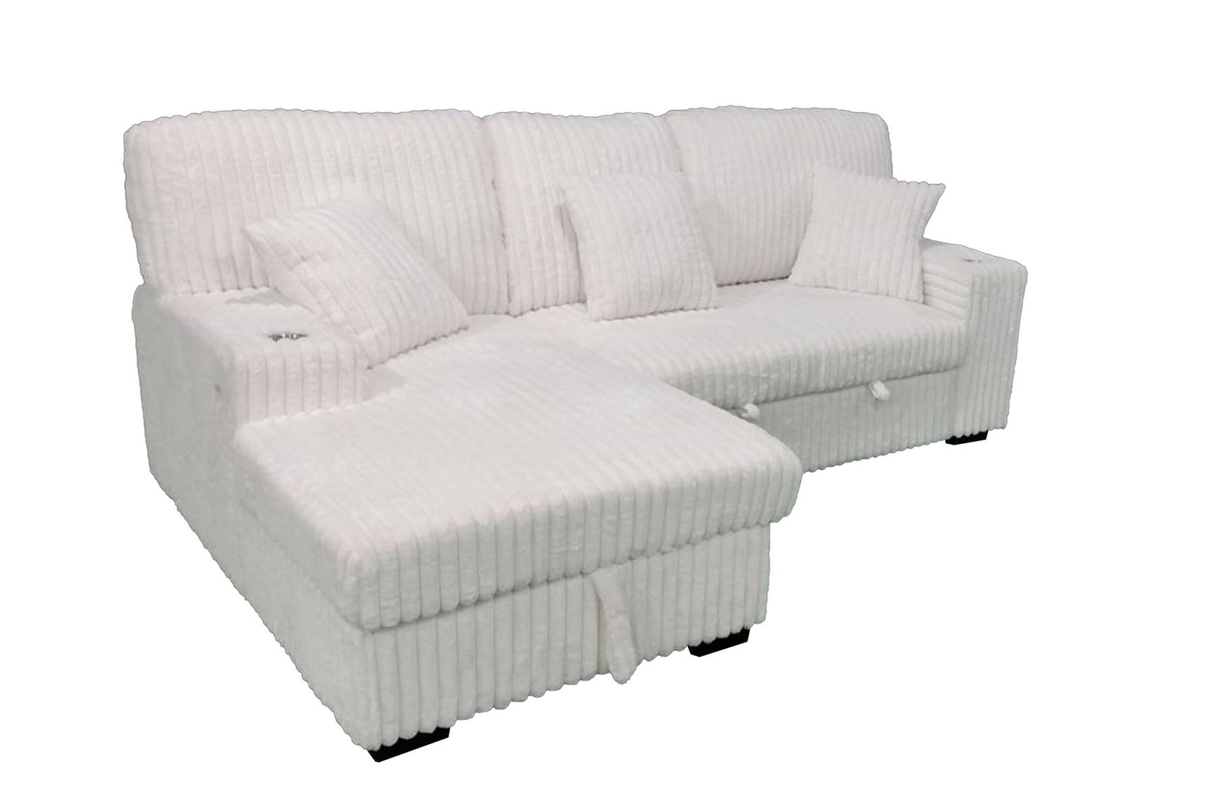 Venice Ivory Corduroy Storage Sleeper Sectional w/ Dual Cupholders & USB Ports - Ornate Home