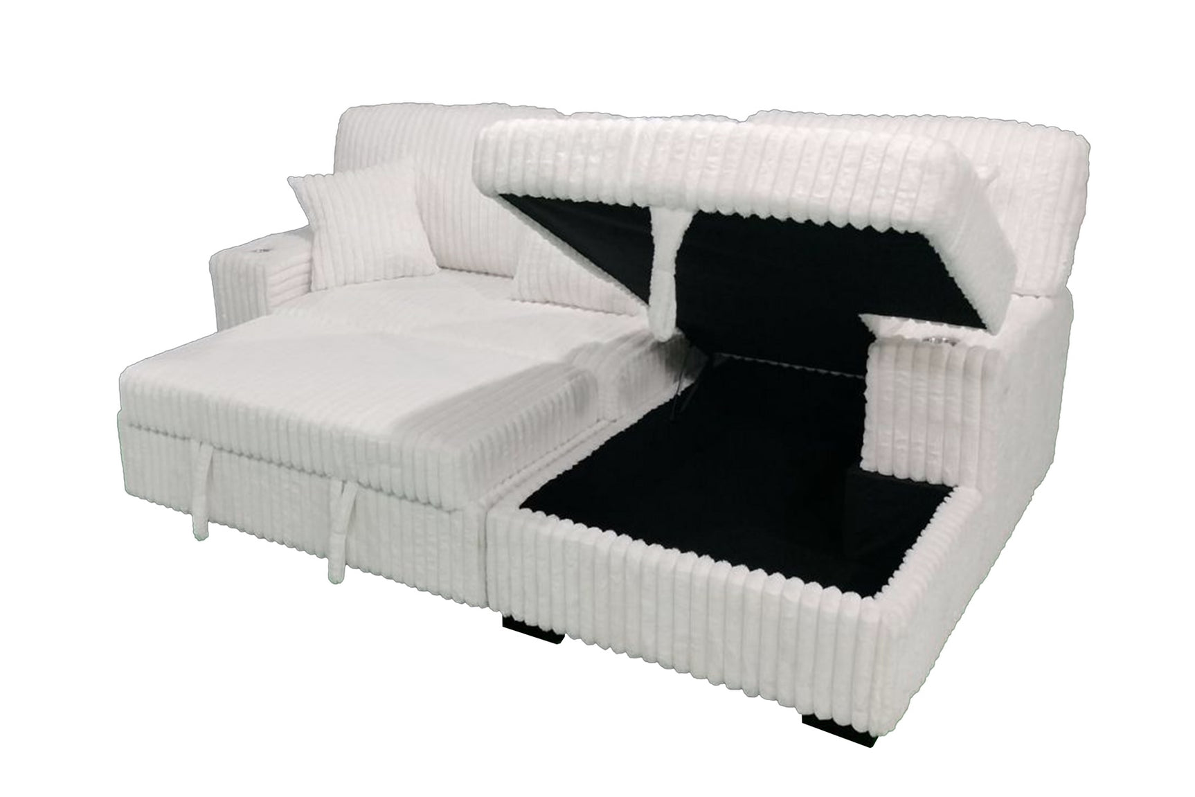 Venice Ivory Corduroy Storage Sleeper Sectional w/ Dual Cupholders & USB Ports - Ornate Home