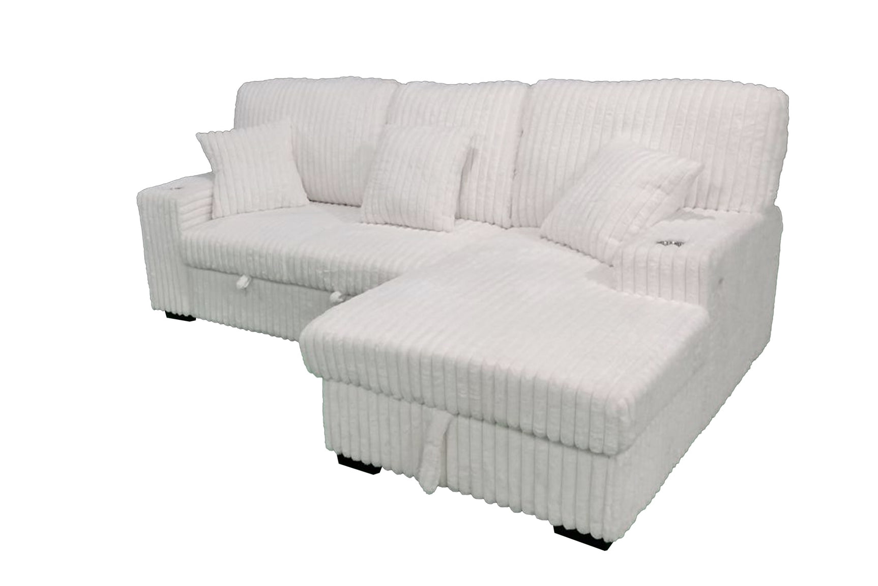 Venice Ivory Corduroy Storage Sleeper Sectional w/ Dual Cupholders & USB Ports - Ornate Home