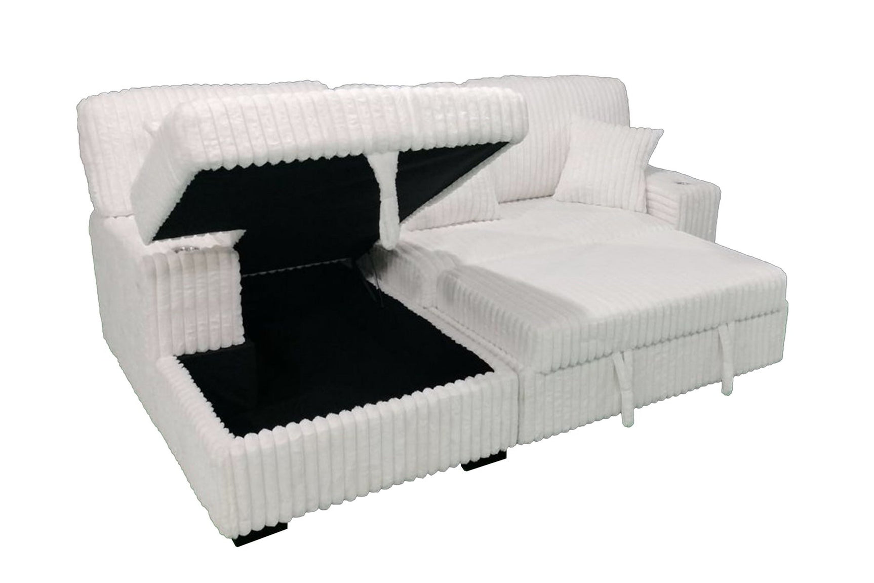 Venice Ivory Corduroy Storage Sleeper Sectional w/ Dual Cupholders & USB Ports - Ornate Home