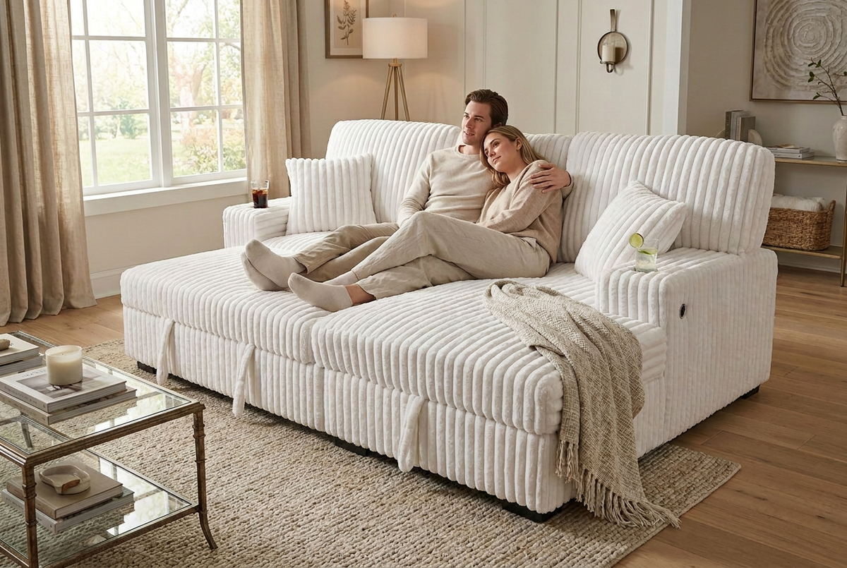 Venice Ivory Corduroy Storage Sleeper Sectional w/ Dual Cupholders & USB Ports - Ornate Home