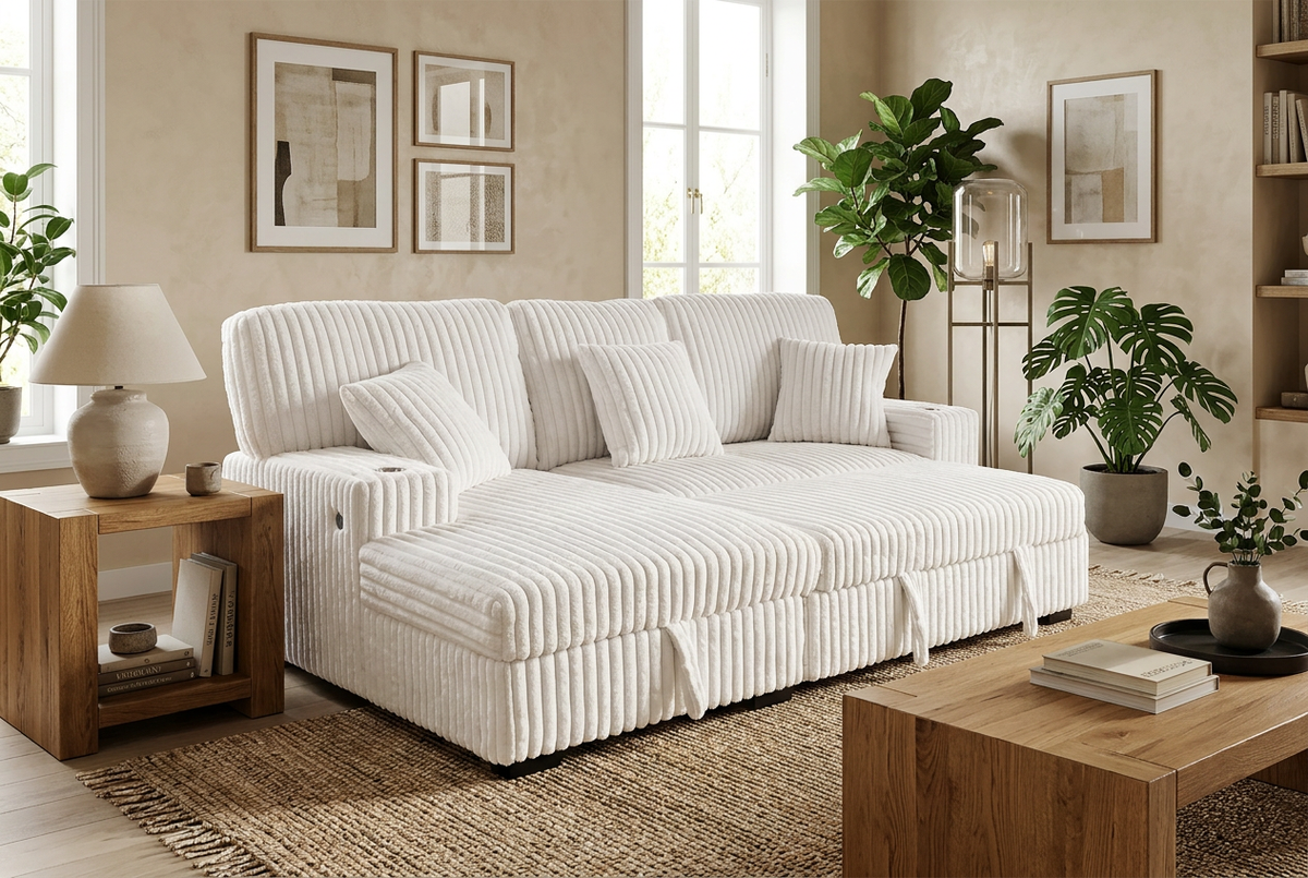 Venice Ivory Corduroy Storage Sleeper Sectional w/ Dual Cupholders & USB Ports - Ornate Home