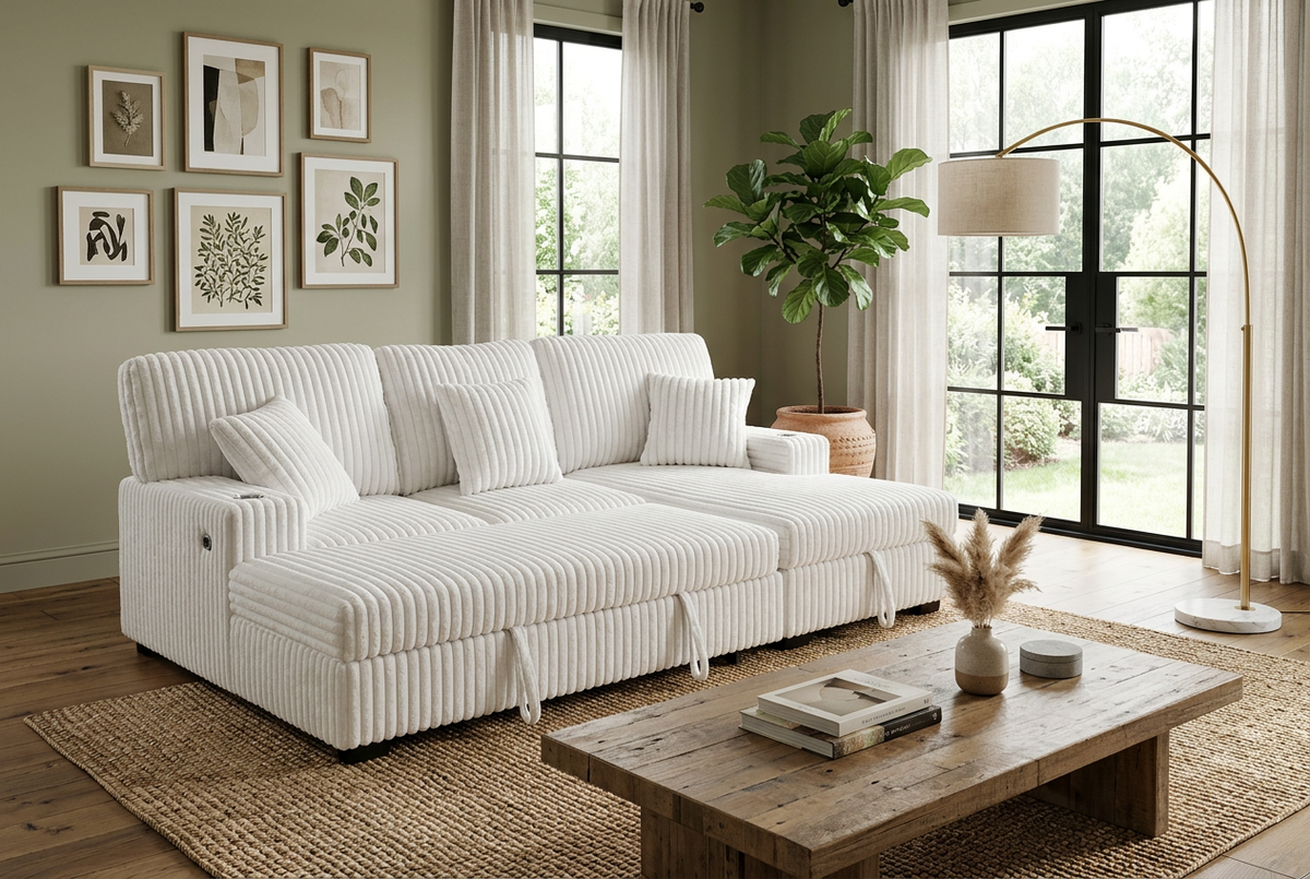 Venice Ivory Corduroy Storage Sleeper Sectional w/ Dual Cupholders & USB Ports - Ornate Home