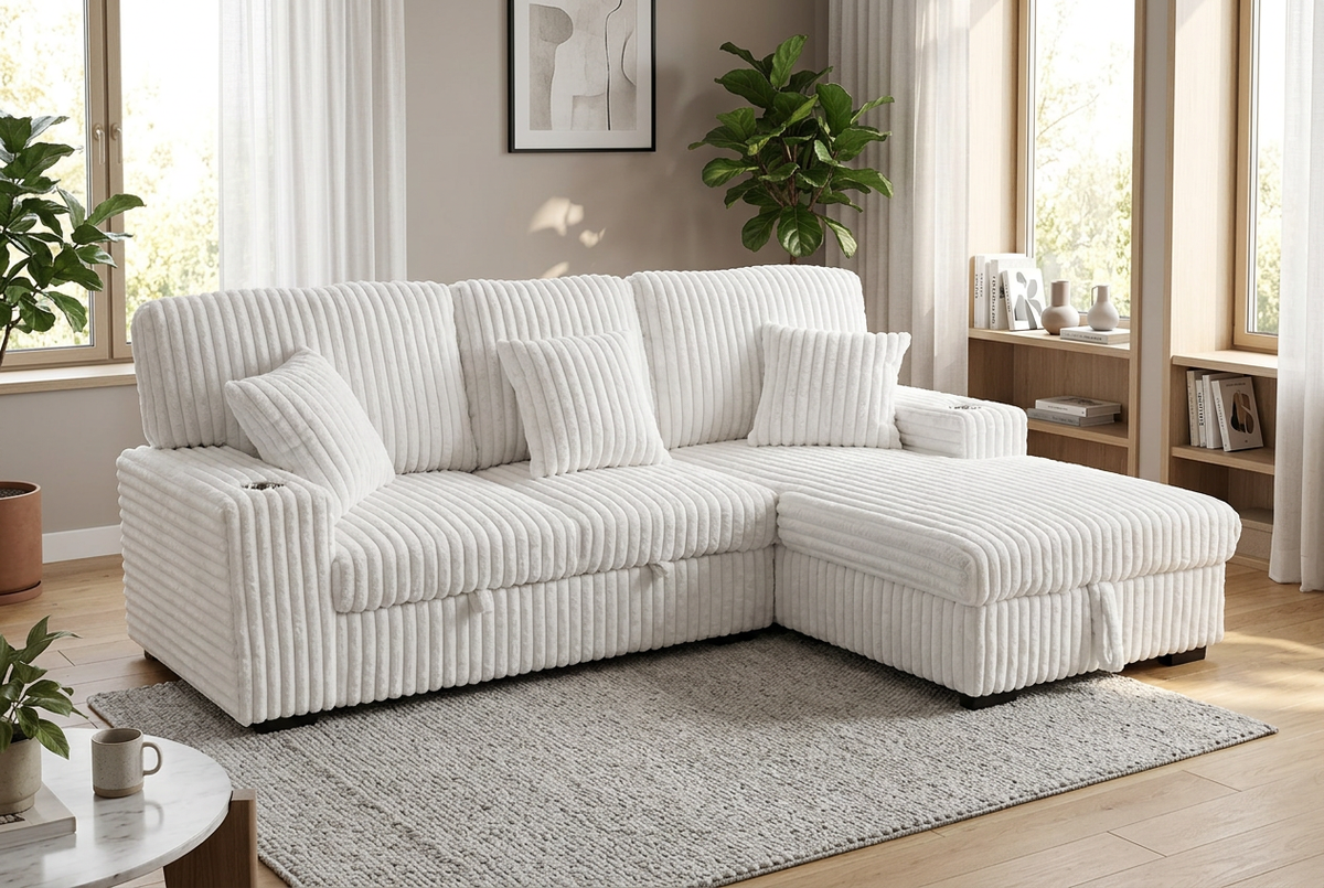 Venice Ivory Corduroy Storage Sleeper Sectional w/ Dual Cupholders & USB Ports - Ornate Home