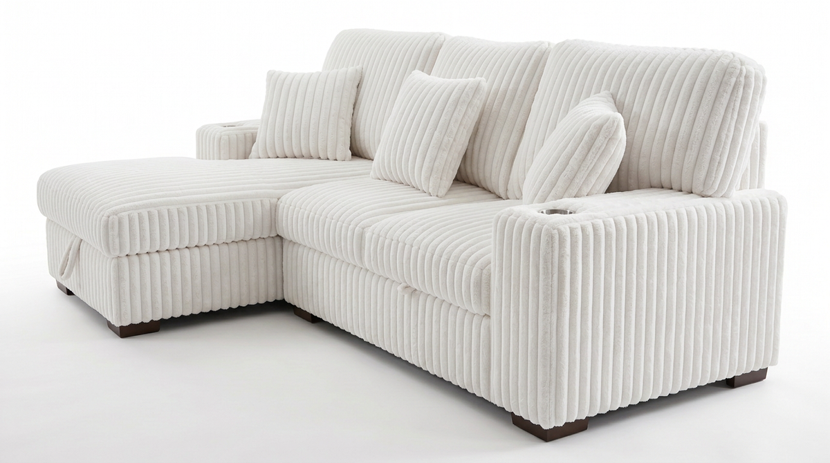 Venice Ivory Corduroy Storage Sleeper Sectional w/ Dual Cupholders & USB Ports - Ornate Home