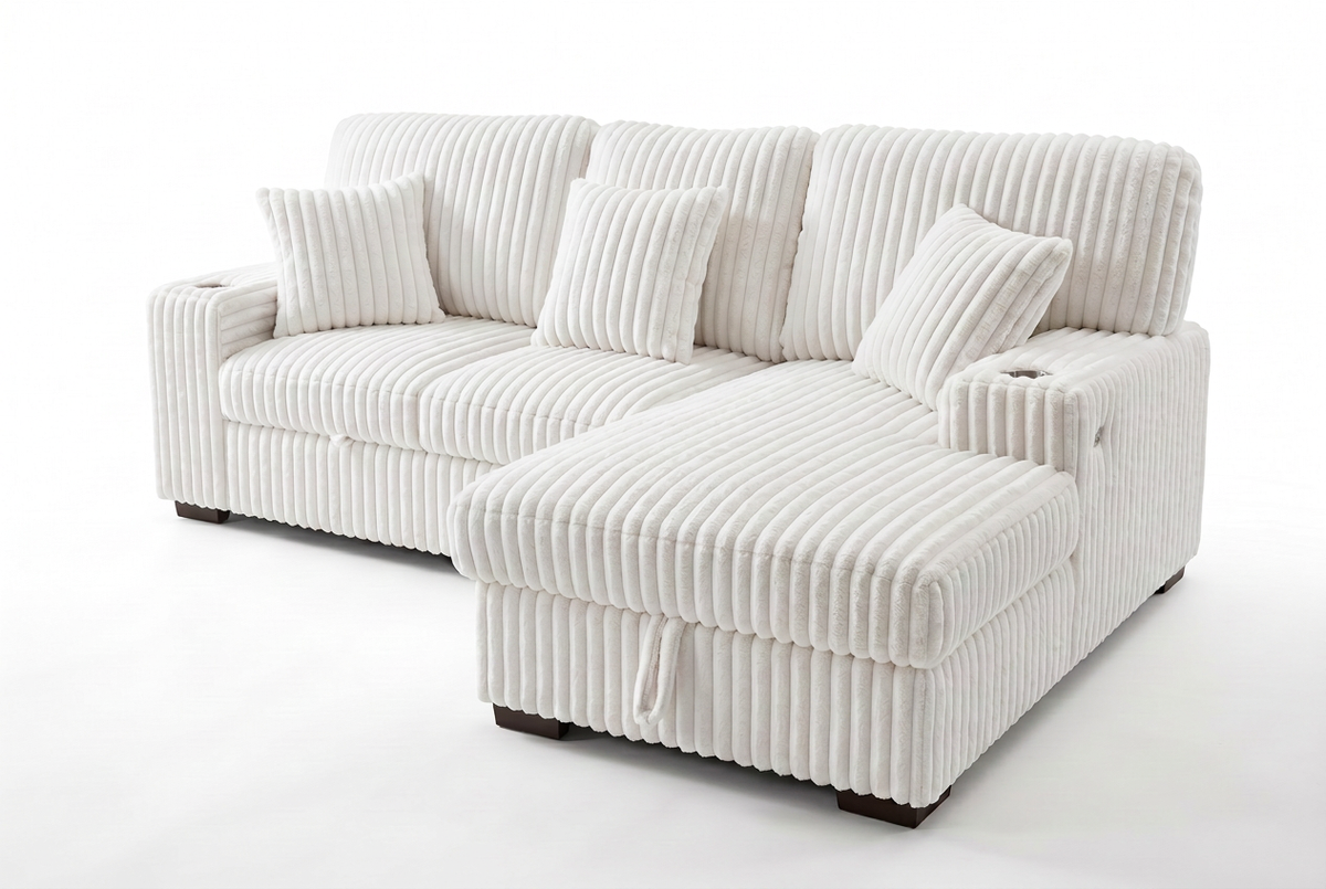 Venice Ivory Corduroy Storage Sleeper Sectional w/ Dual Cupholders & USB Ports - Ornate Home