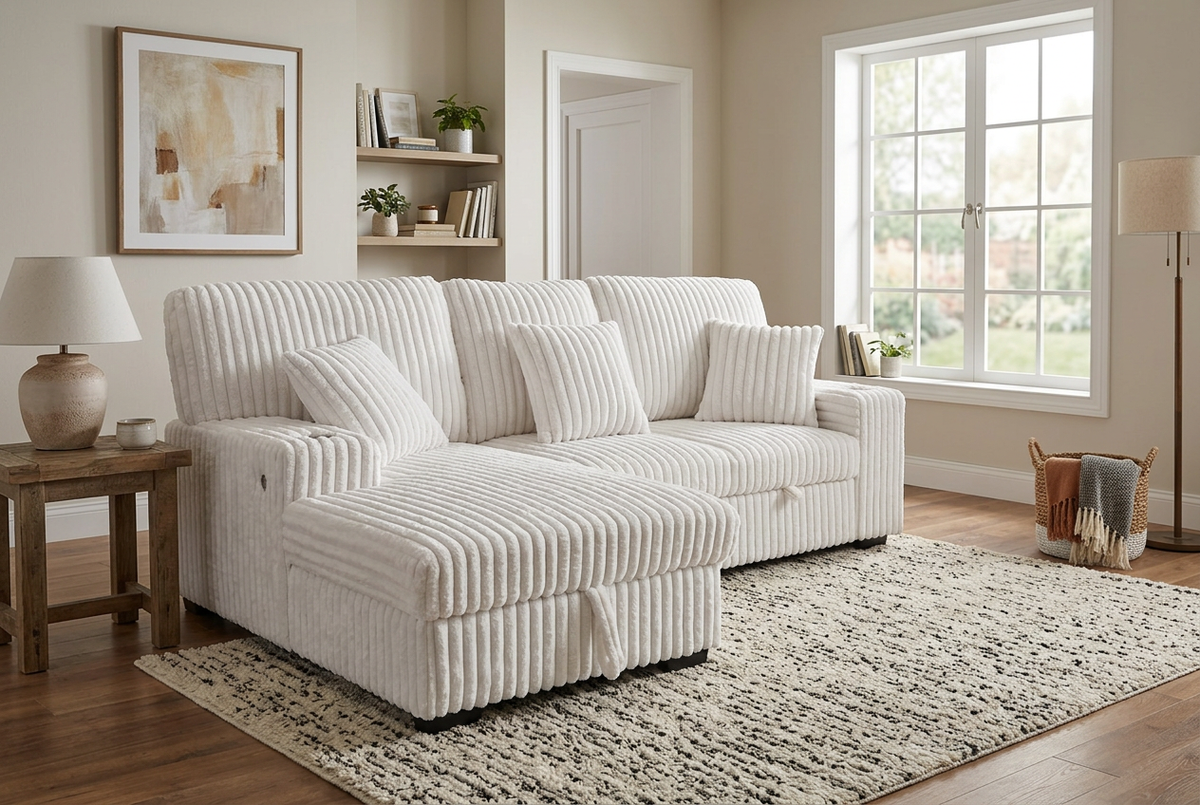 Venice Ivory Corduroy Storage Sleeper Sectional w/ Dual Cupholders & USB Ports - Ornate Home