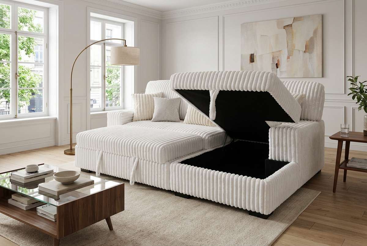 Venice Ivory Corduroy Storage Sleeper Sectional w/ Dual Cupholders & USB Ports - Ornate Home