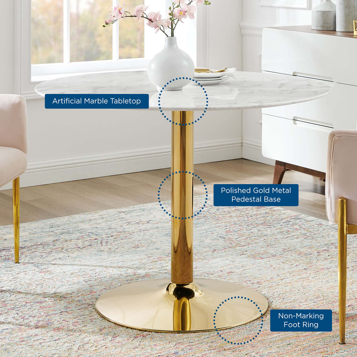 Verne Gold/White 40" Artificial Marble Dining Table - Ornate Home