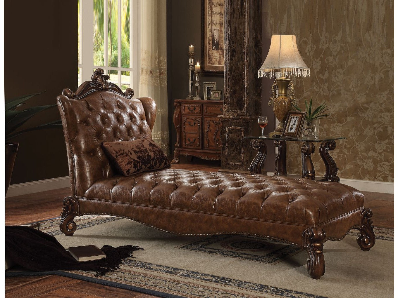 Versailles 2Tone Light Brown PU & Cherry Oak Chaise & Pillow - Ornate Home