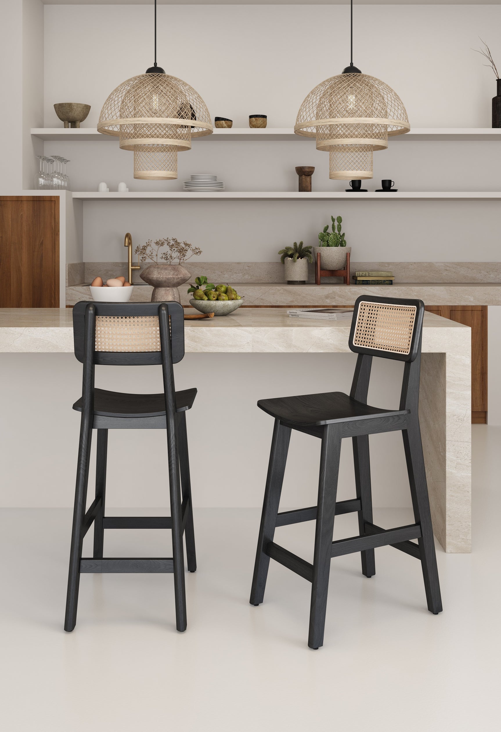 Versailles Counter Stool in Black and Natural Cane (set of 3) - Ornate Home