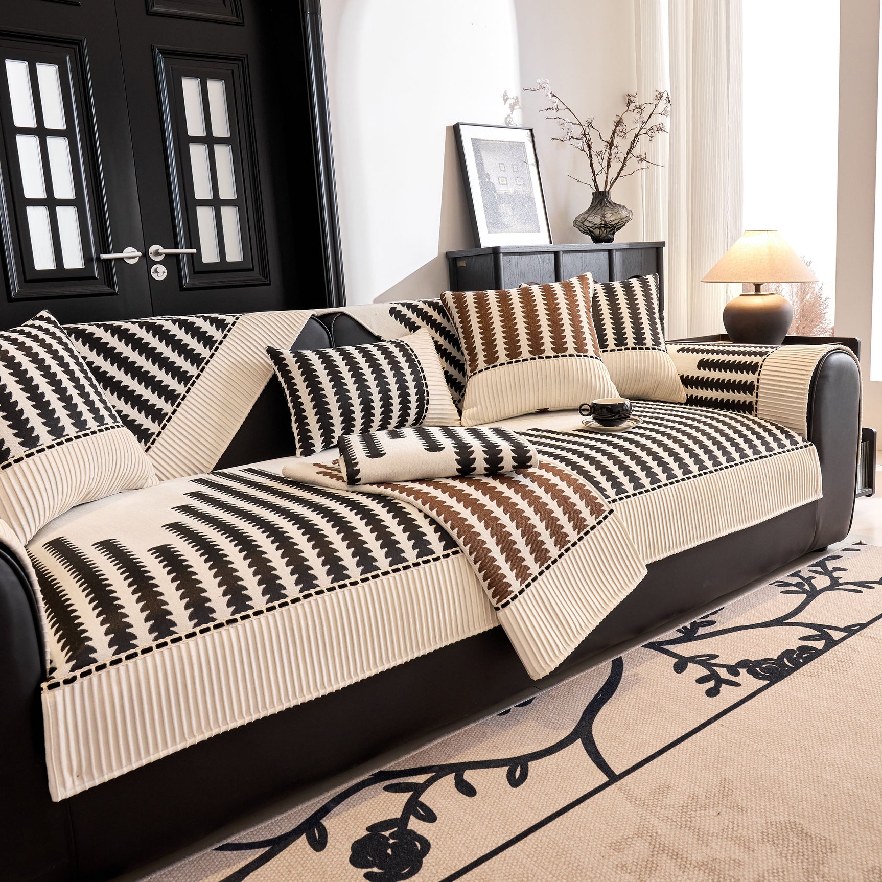 Vertical Stripes Sectional Sofa Cover Slipcover - Non-Slip, Fits L-Shape Couches - Ornate Home