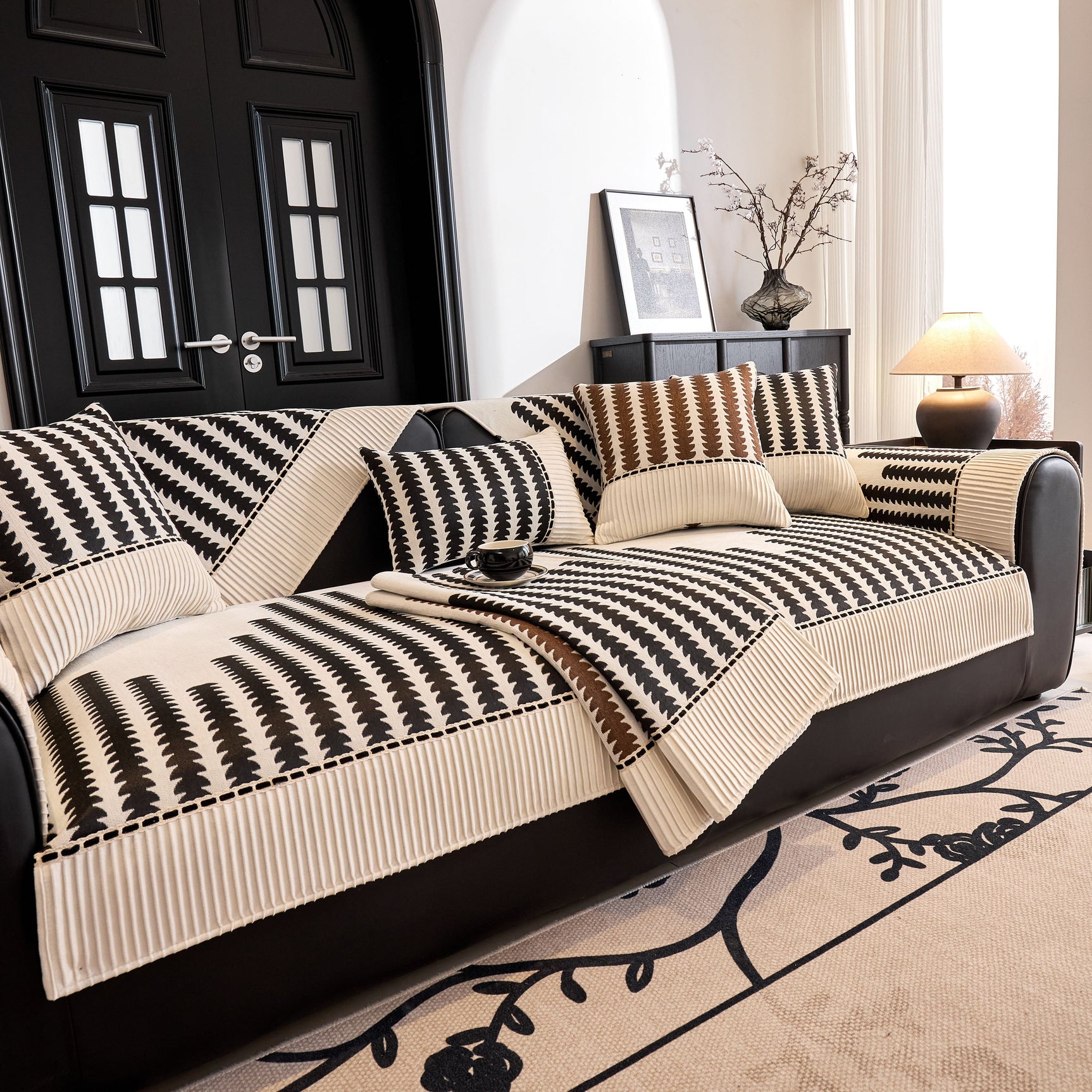 Vertical Stripes Sectional Sofa Cover Slipcover - Non-Slip, Fits L-Shape Couches - Ornate Home
