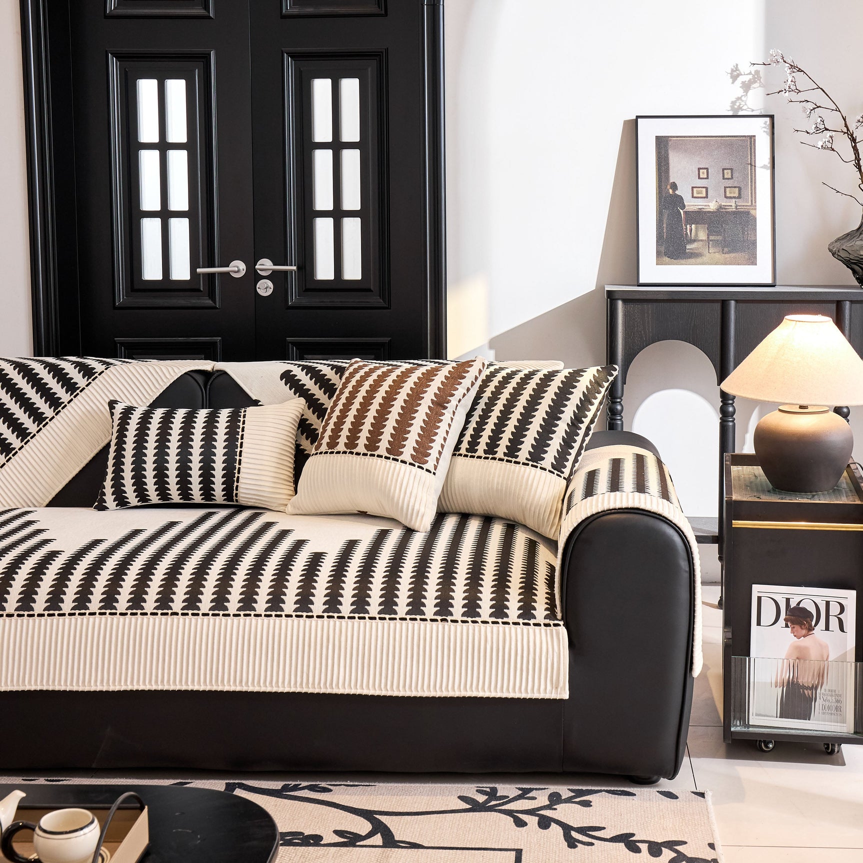 Vertical Stripes Sectional Sofa Cover Slipcover - Non-Slip, Fits L-Shape Couches - Ornate Home