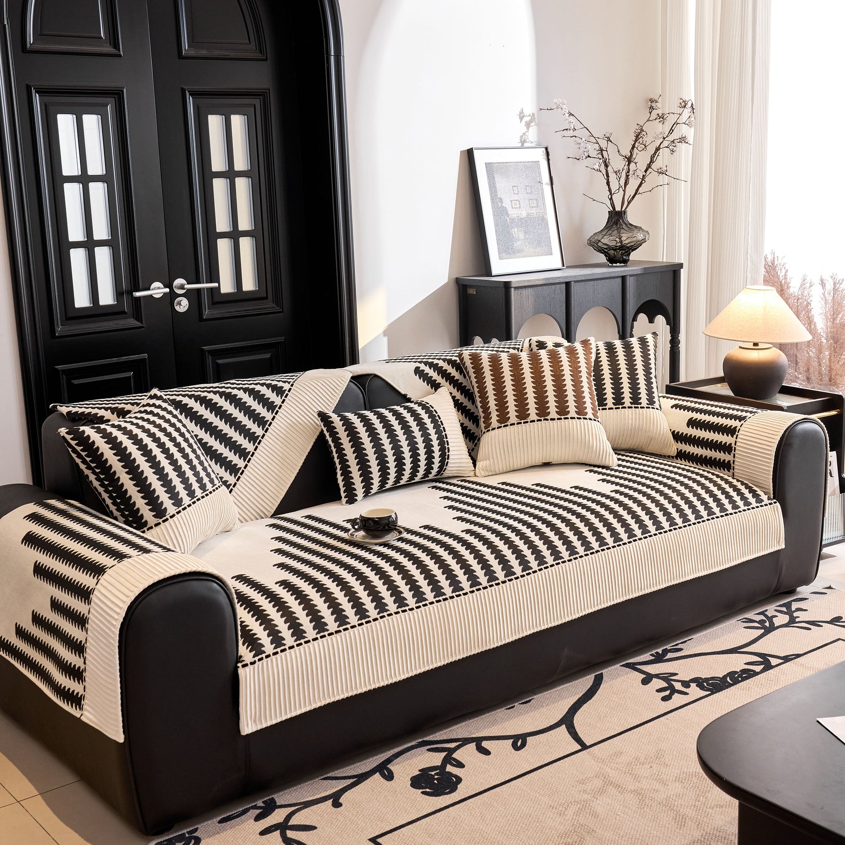 Vertical Stripes Sectional Sofa Cover Slipcover - Non-Slip, Fits L-Shape Couches - Ornate Home