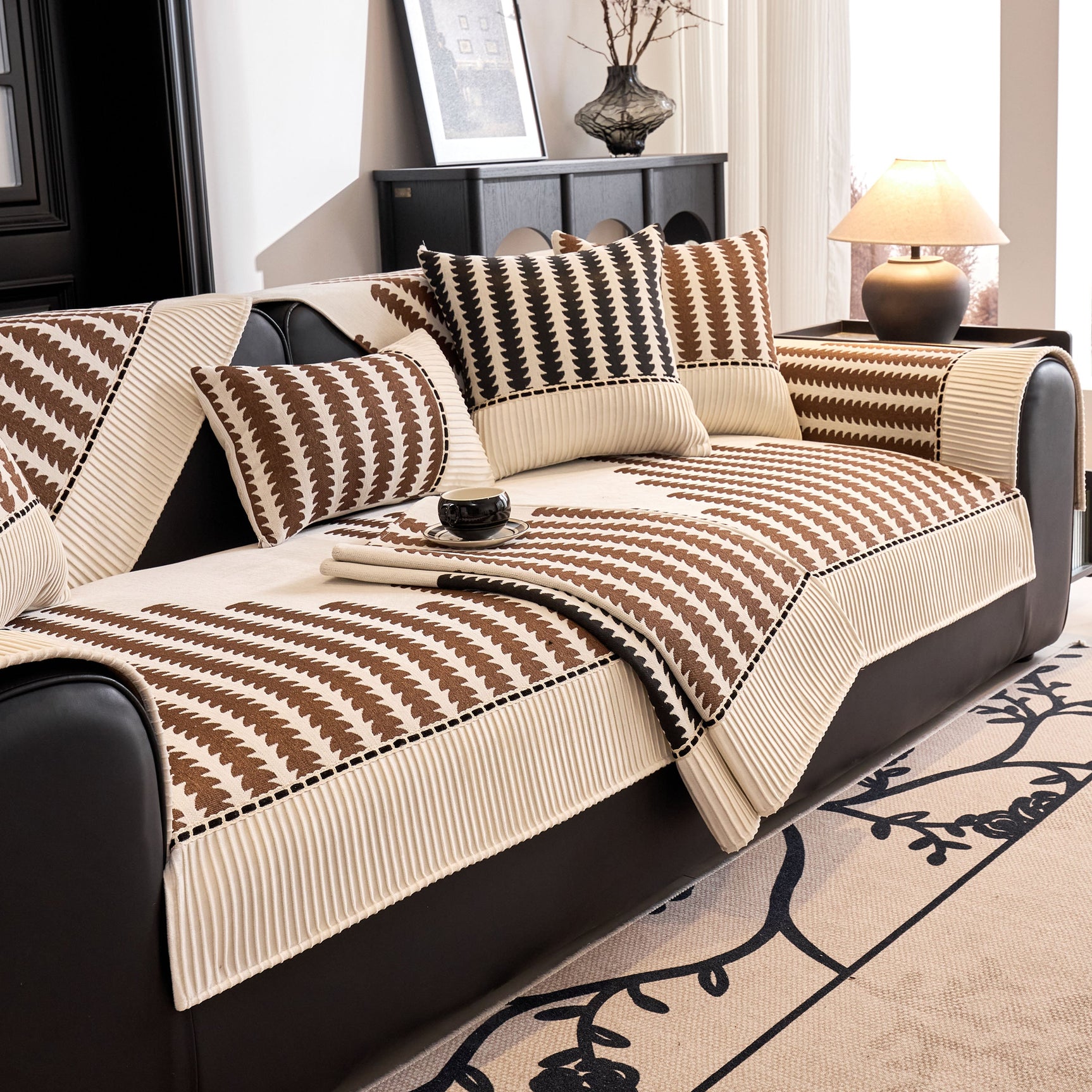 Vertical Stripes Sectional Sofa Cover Slipcover - Non-Slip, Fits L-Shape Couches - Ornate Home