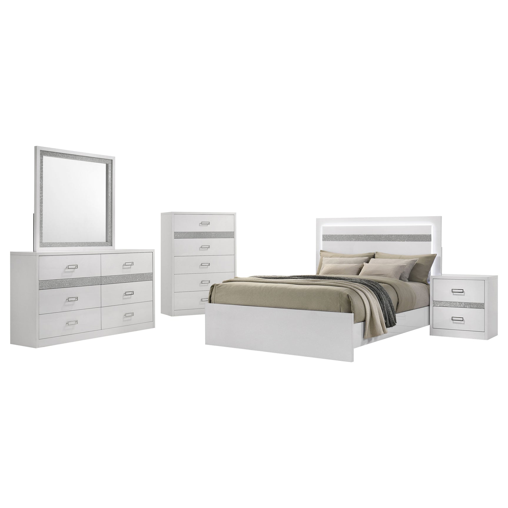 Viana White High Gloss Queen 5 Pc Bedroom Set - Ornate Home