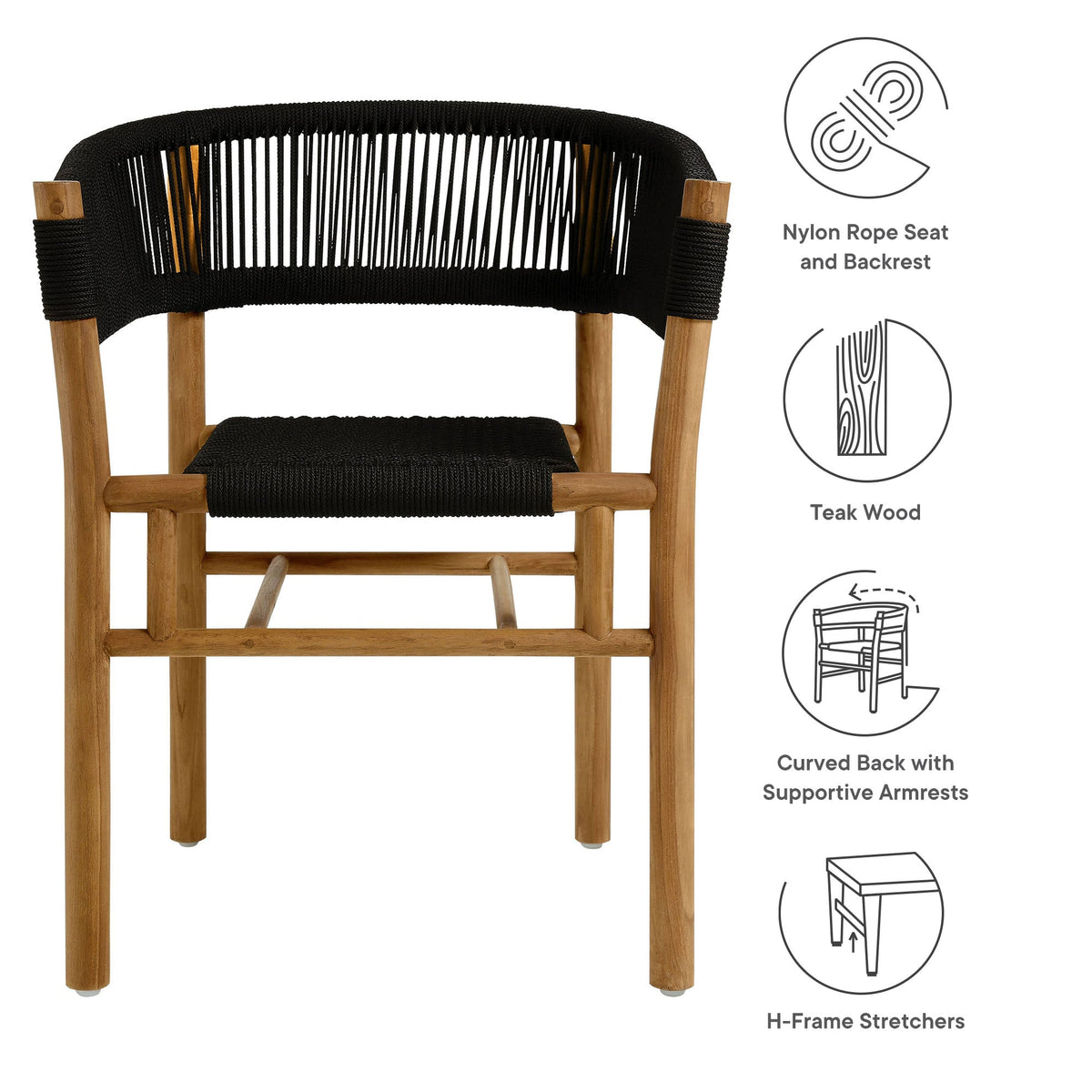 Vienna Natural/Black Outdoor Patio Teak and Rope Curved-Back Dining Armchairs (Set of 2) - Ornate Home