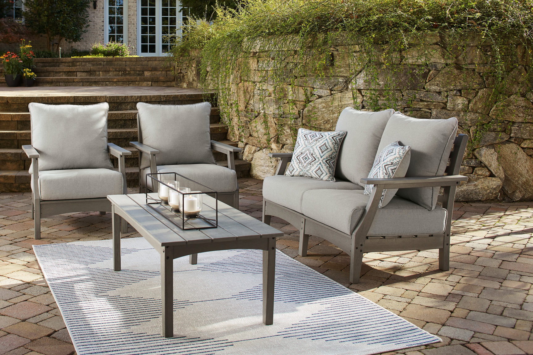Visola Gray Outdoor Loveseat, 2 Lounge Chairs and Coffee Table - Ornate Home
