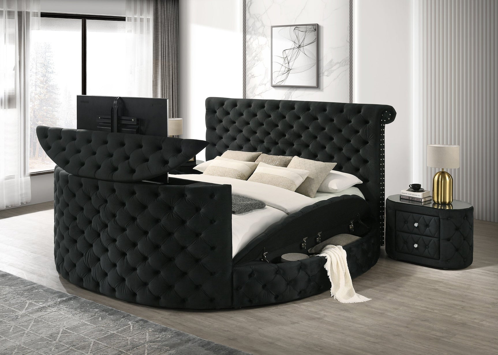 Voltare Black Queen Bed w/ Fireplace and TV Lift - Ornate Home