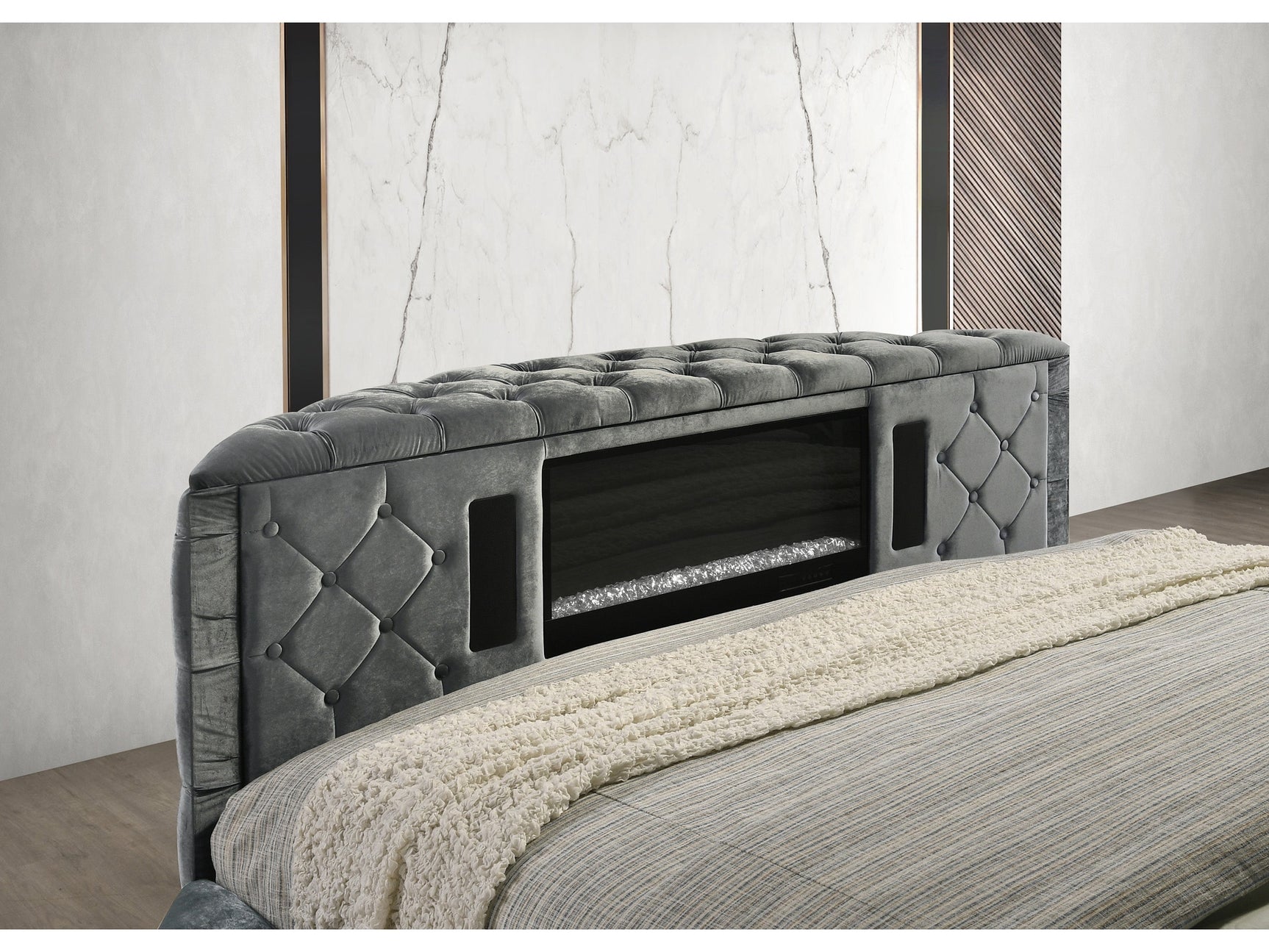 Voltare Gray King Bed w/ Fireplace and TV Lift - Ornate Home