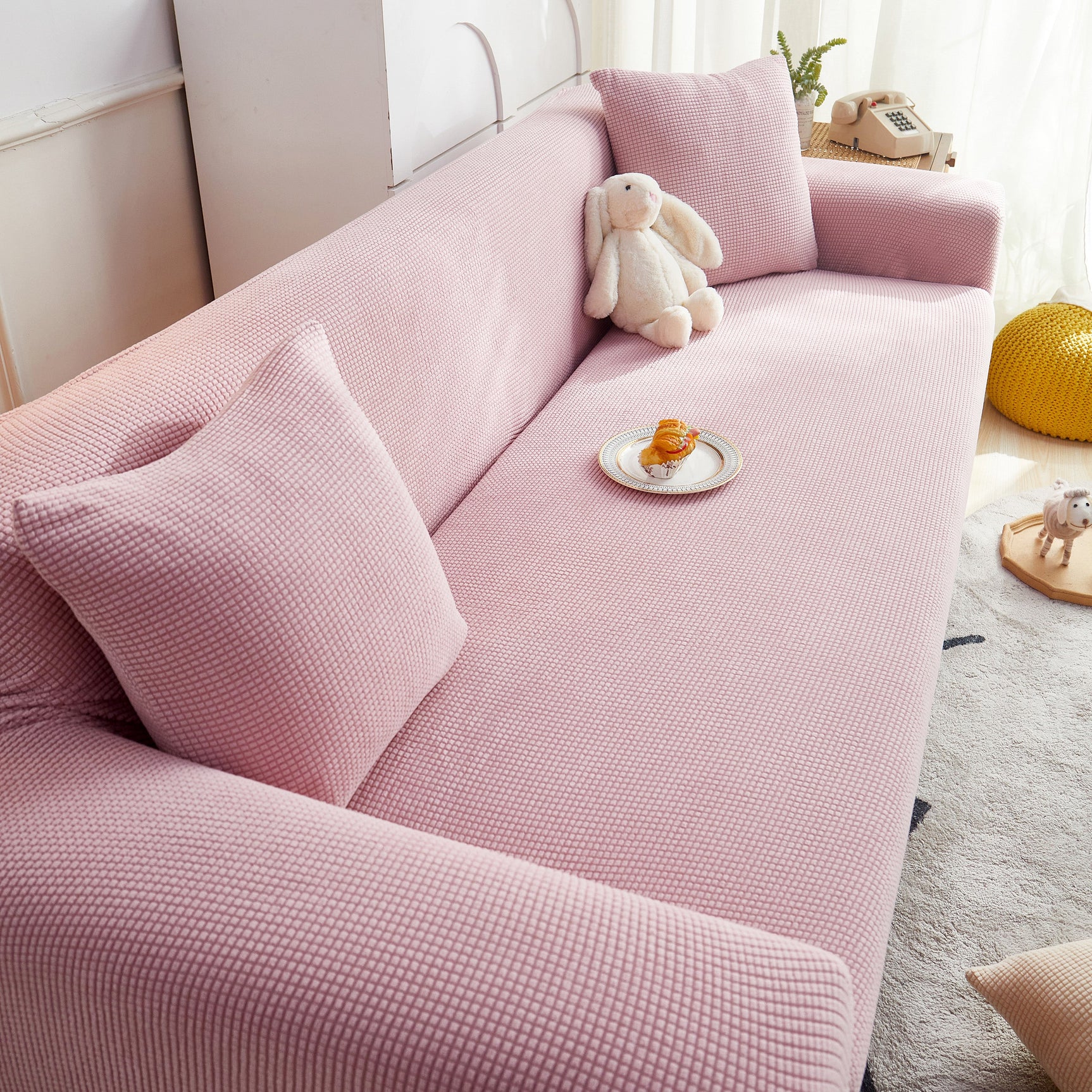 Grid Textured Stretch Sofa Cover, Soft Elastic Slipcover for Couch Protection
