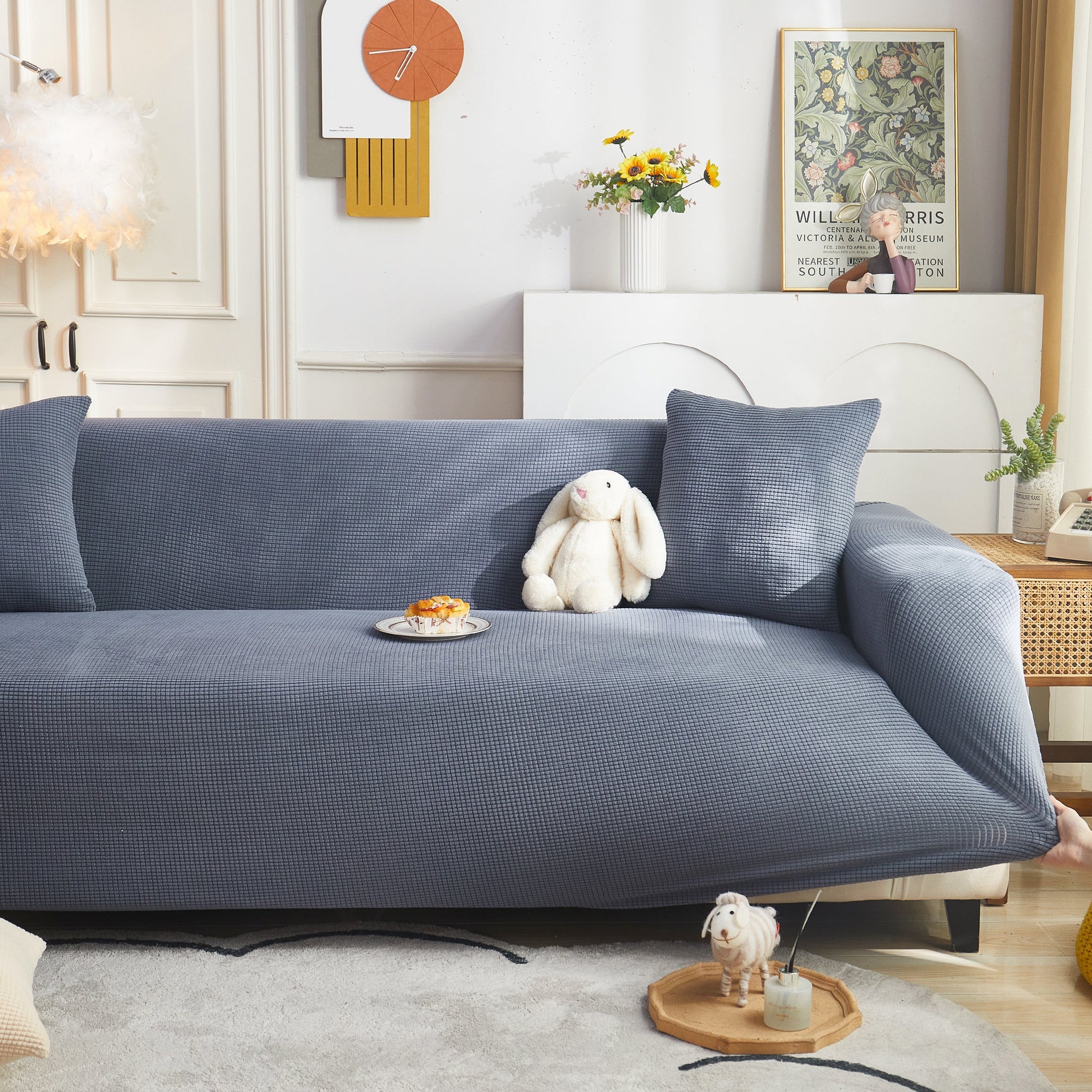 Grid Textured Stretch Sofa Cover, Soft Elastic Slipcover for Couch Protection