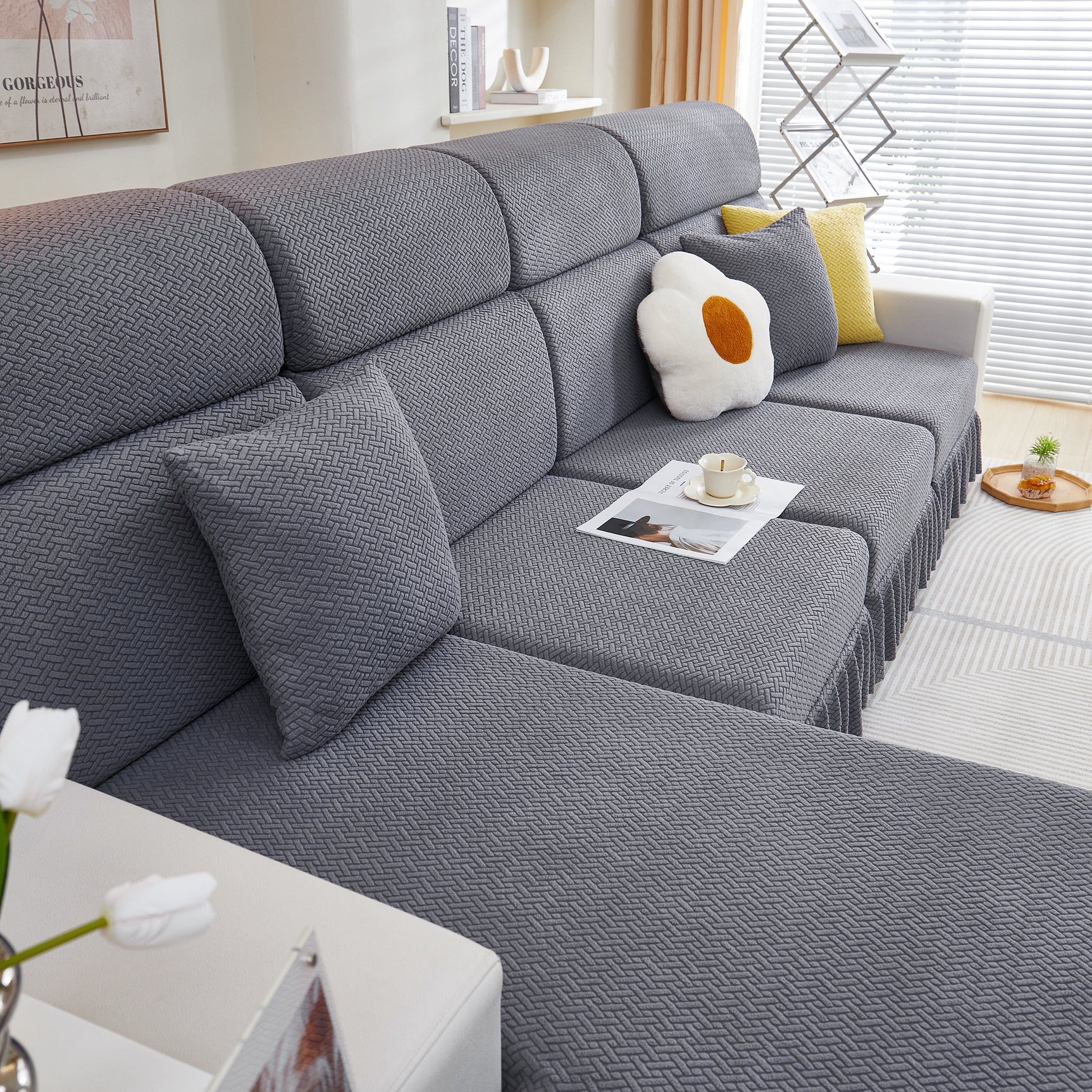 Tailored Sofa Cushion Covers Stretch Couch Seat Covers with Skirt for Sectional Sofas