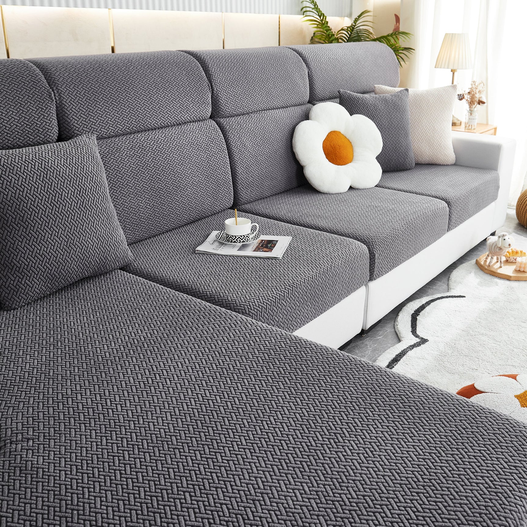 High Stretch Separate Cushion Covers Sofa Slipcover for L-Shaped Sectional Couch