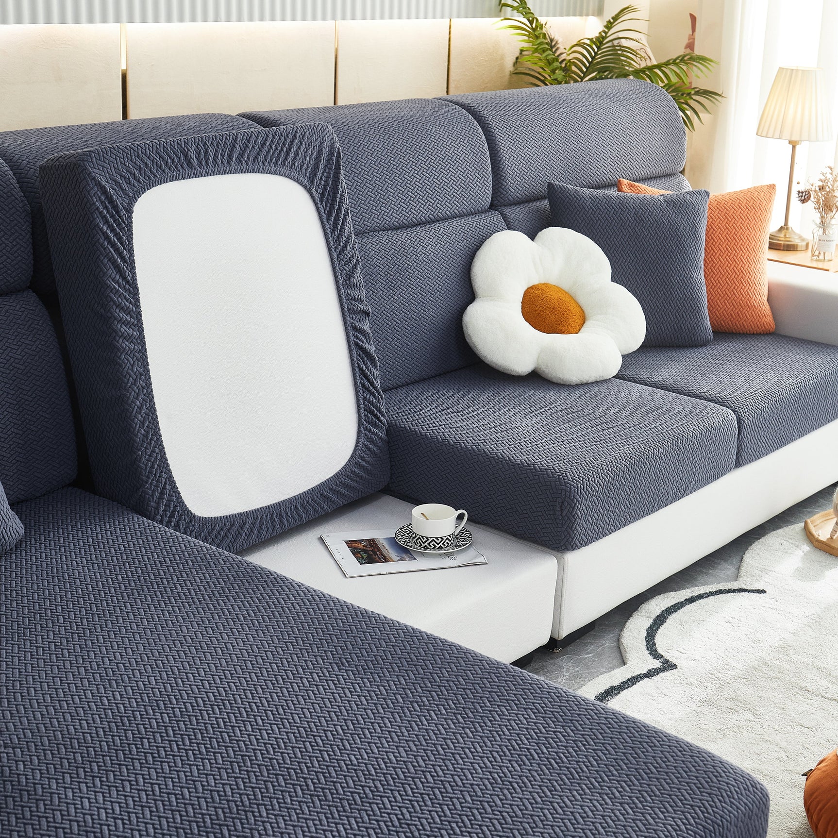 High Stretch Separate Cushion Covers Sofa Slipcover for L-Shaped Sectional Couch