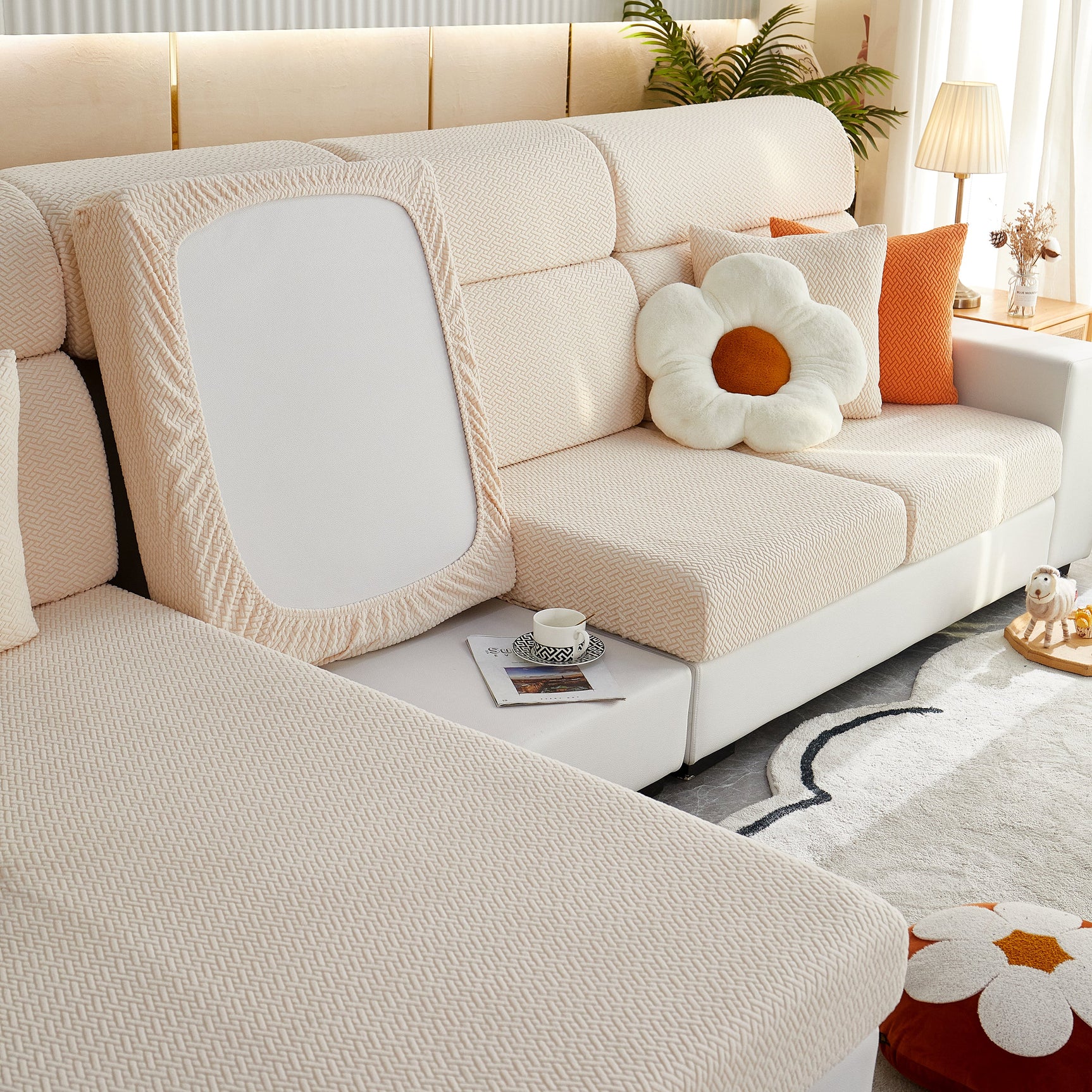 High Stretch Separate Cushion Covers Sofa Slipcover for L-Shaped Sectional Couch