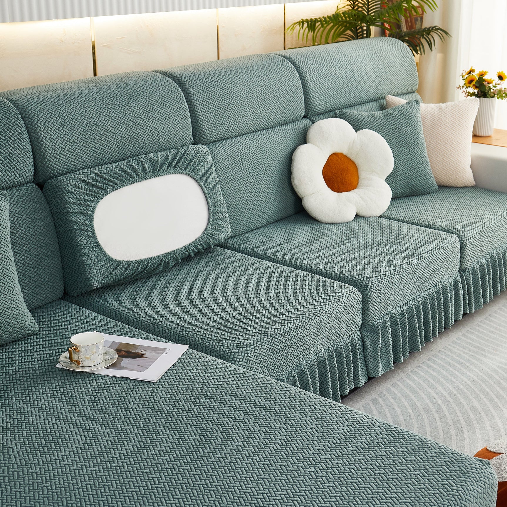 Tailored Sofa Cushion Covers Stretch Couch Seat Covers with Skirt for Sectional Sofas