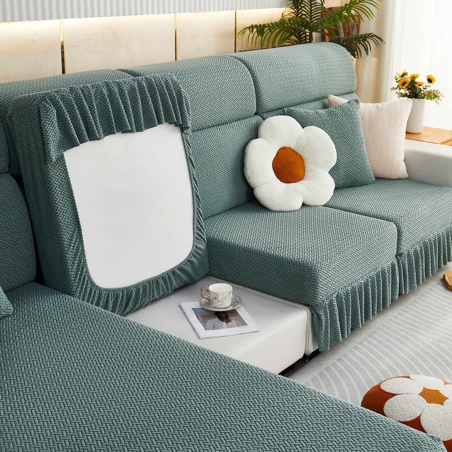 Tailored Sofa Cushion Covers Stretch Couch Seat Covers with Skirt for Sectional Sofas