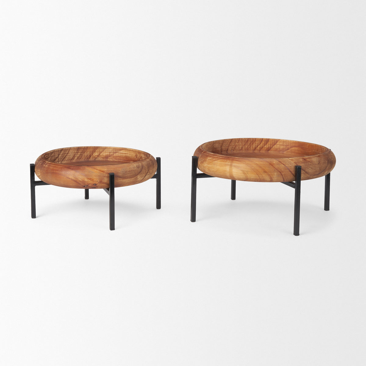Wally Medium Brown/Matte Black Round Wood Metal Stand Trays - Ornate Home