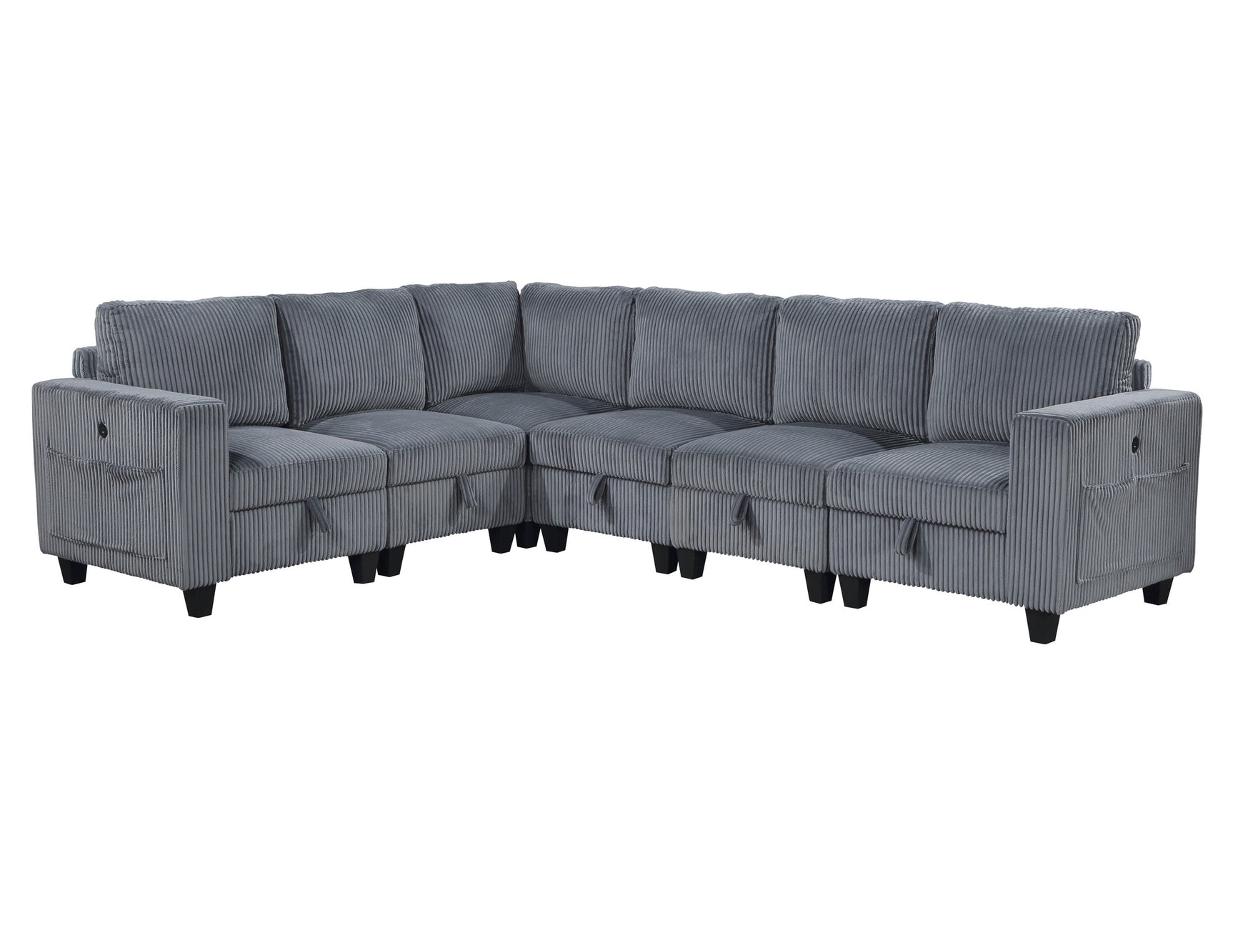 Walterboro Dark Gray 6-Piece Sectional with Storage, Storage Pouches and Charging Ports - Ornate Home
