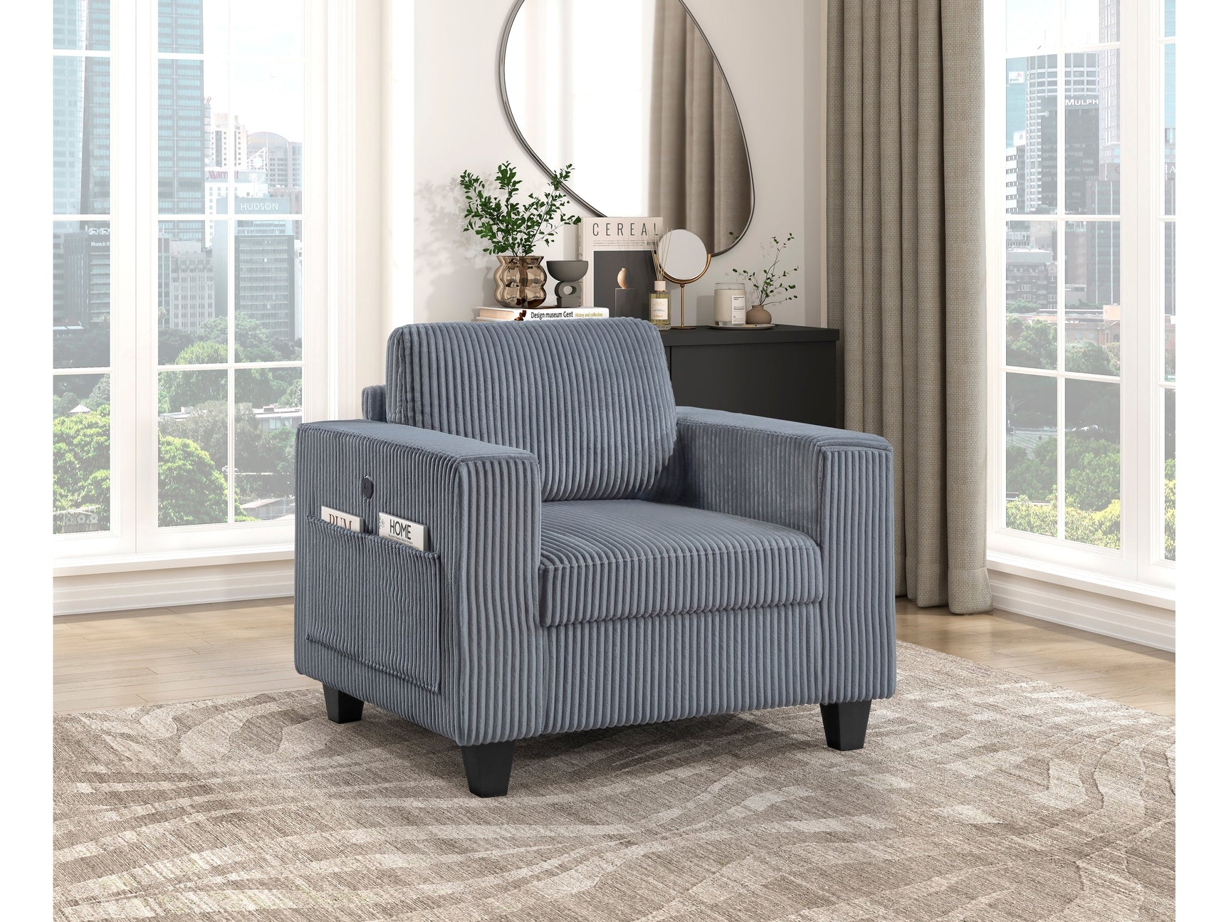 Walterboro Dark Gray Chair w/ Storage Pouches & Charging Ports - Ornate Home