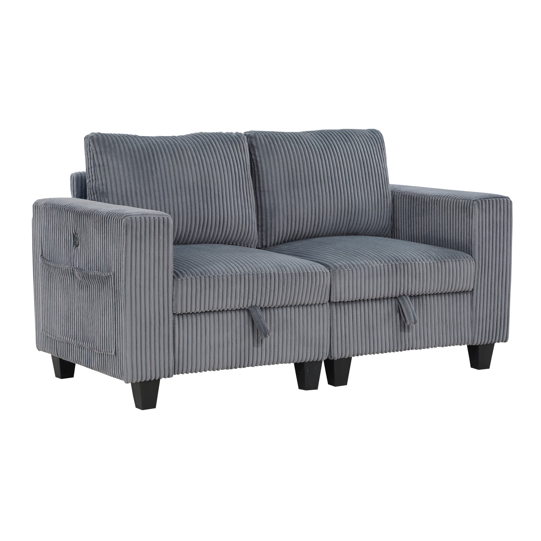 Walterboro Dark Gray Loveseat with Storage, Storage Pouches and Charging Ports - Ornate Home