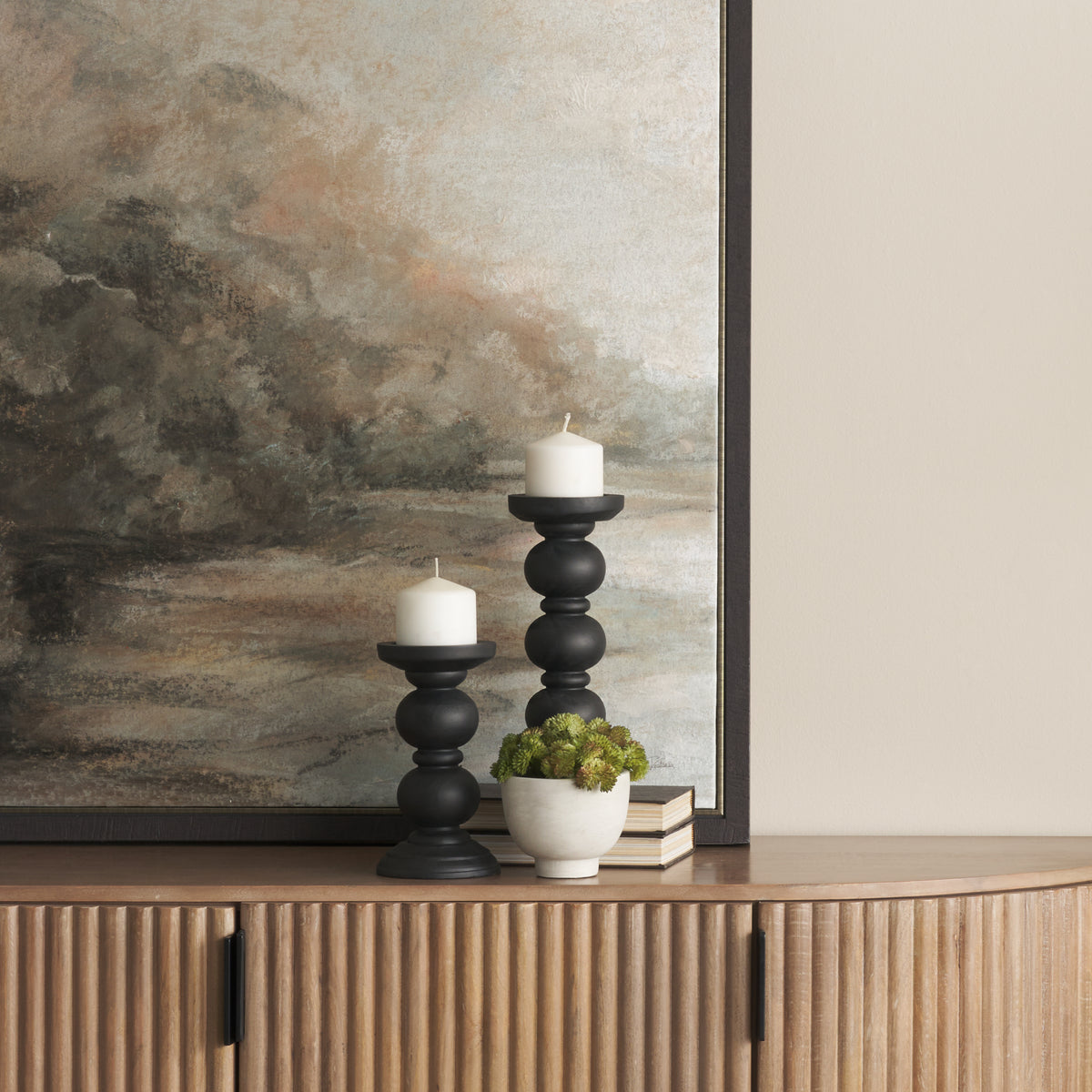 Wanda Matte Black Wood Pillar Candle Holders (Set of 2) - Ornate Home