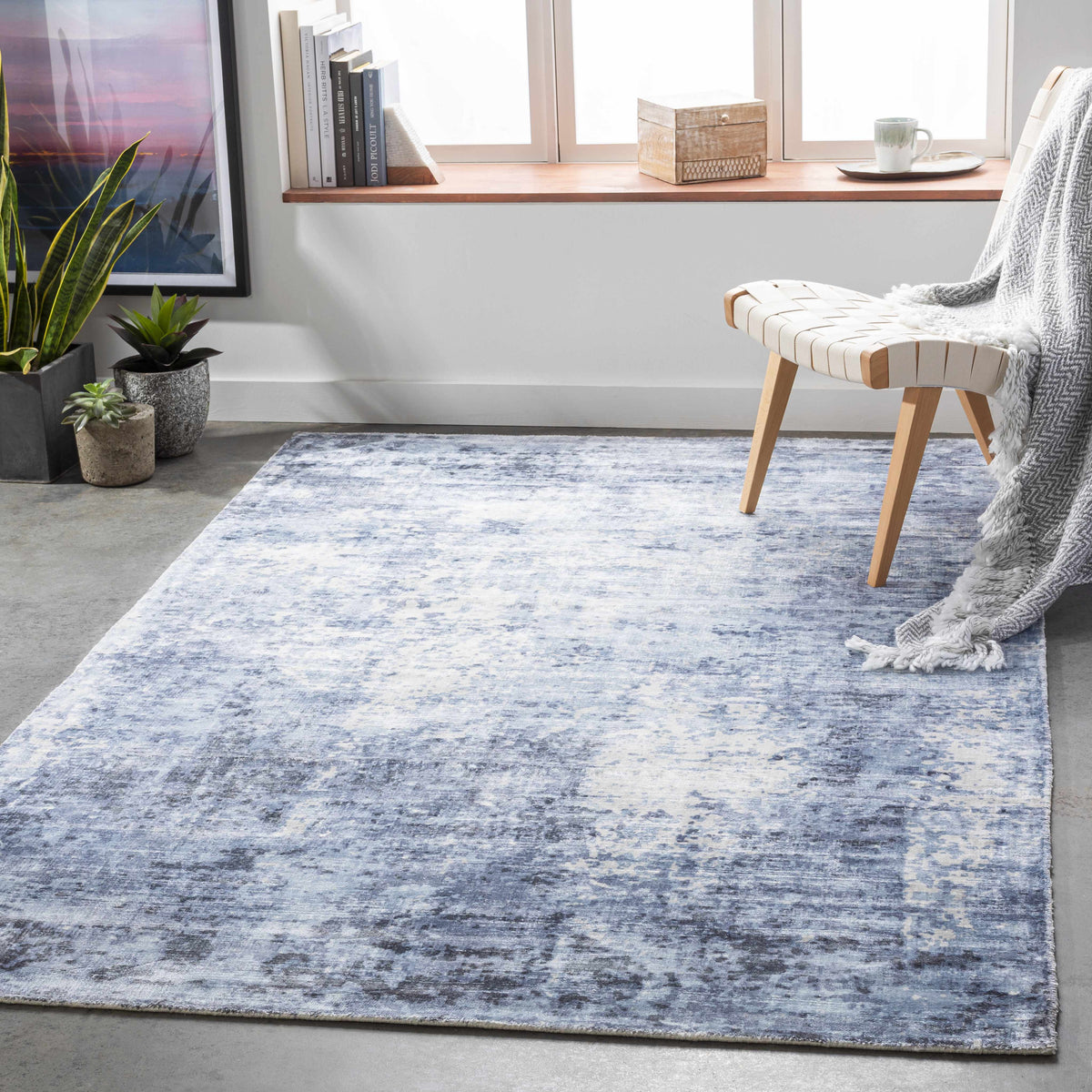 Wardle Abstract Blue/White Viscose Rug - Clearance - Ornate Home
