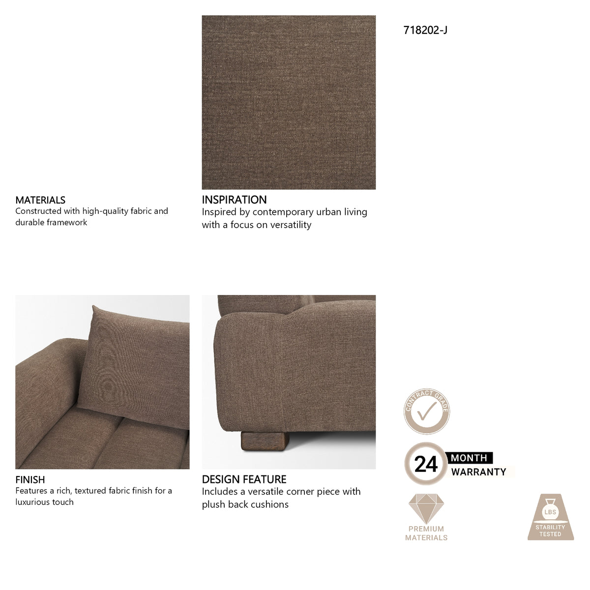 Warner Channel Brown 3-Piece Long Sofa Set with Small Corner Piece with Back Cushions