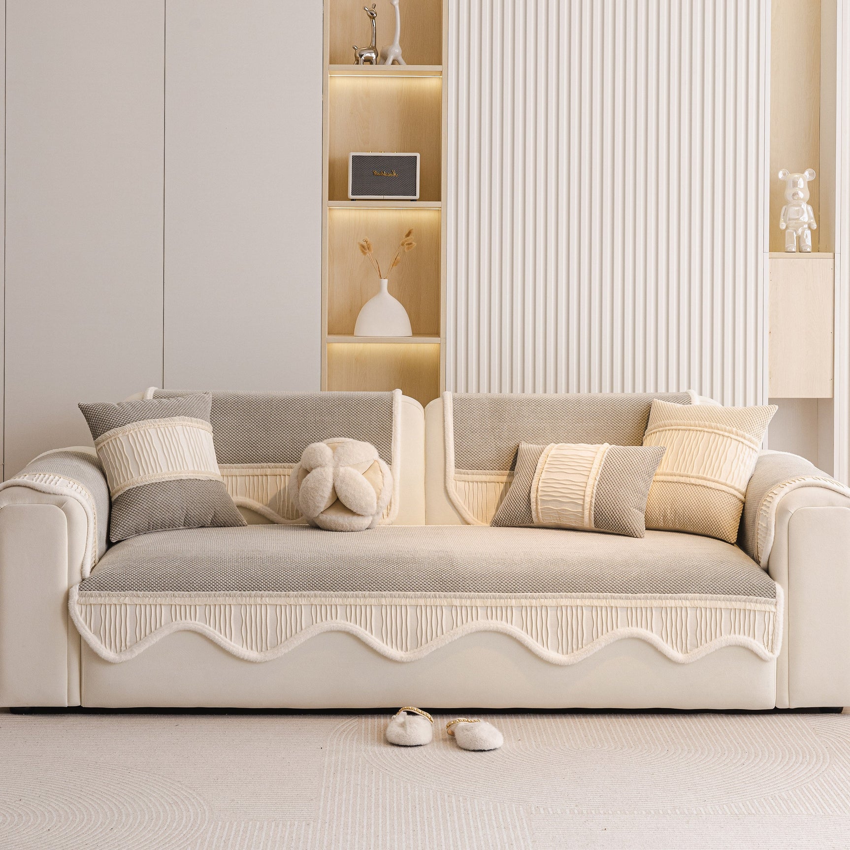 Washable Sofa Throw Pad, Non-Slip Sofa Mat Cozy Couch Slipcover with Soft Furry Trim - Ornate Home