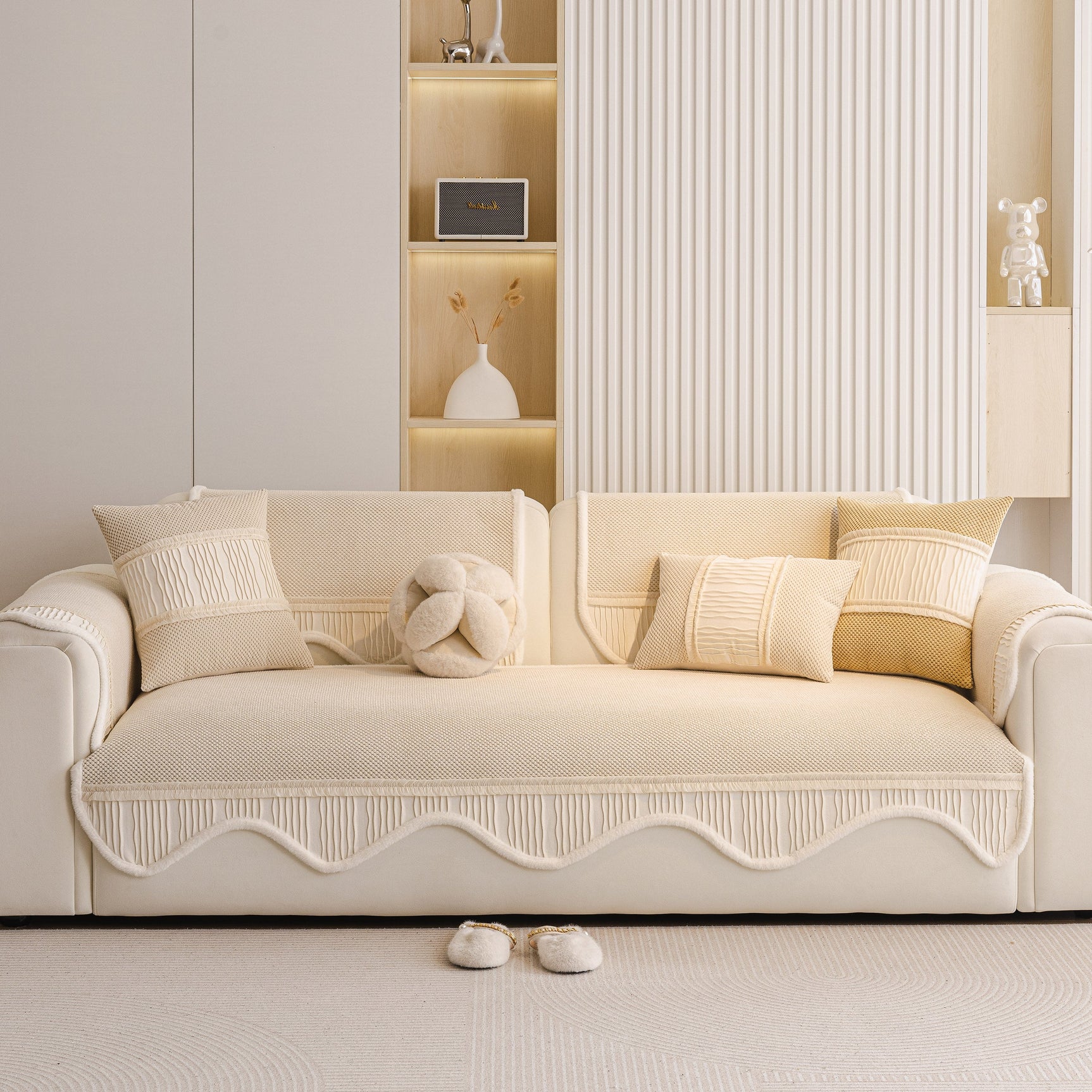 Washable Sofa Throw Pad, Non-Slip Sofa Mat Cozy Couch Slipcover with Soft Furry Trim - Ornate Home
