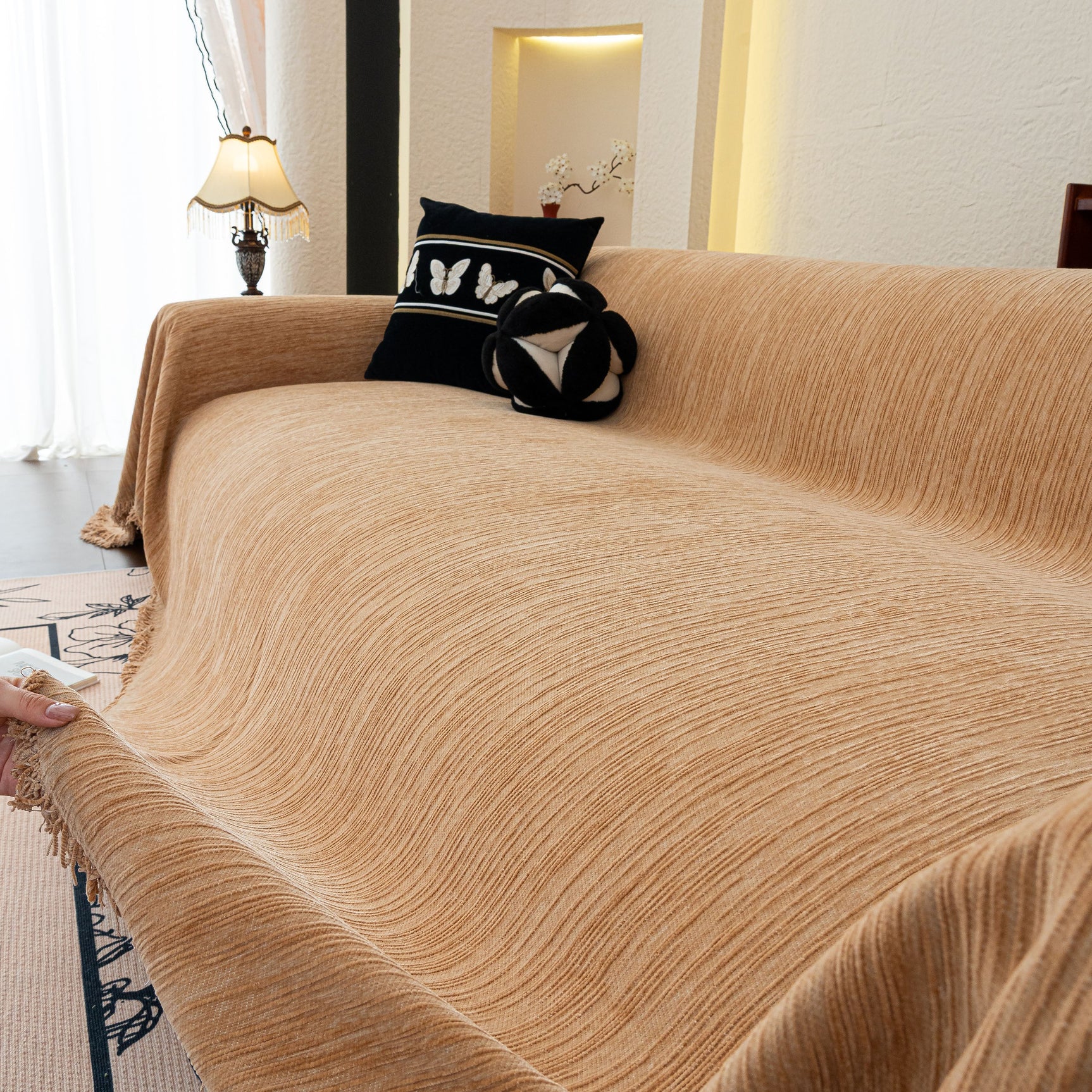 Washable Textured Sofa Cover Throw for Pets, Dogs Furniture Protector with Tassels - Ornate Home