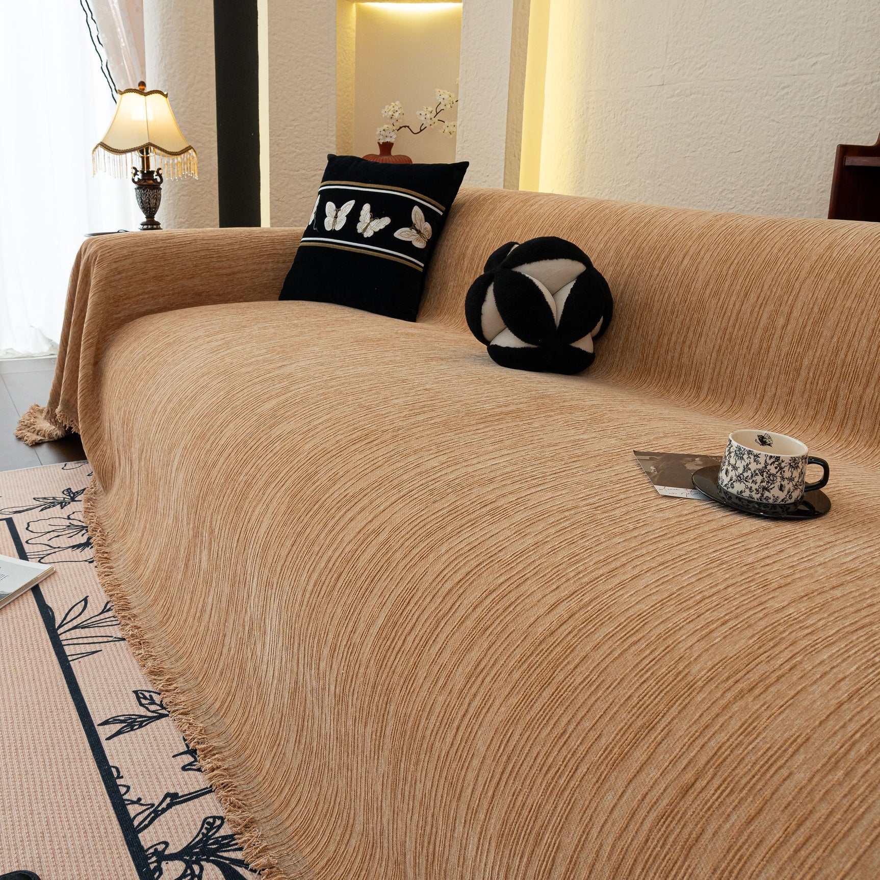 Washable Textured Sofa Cover Throw for Pets, Dogs Furniture Protector with Tassels - Ornate Home