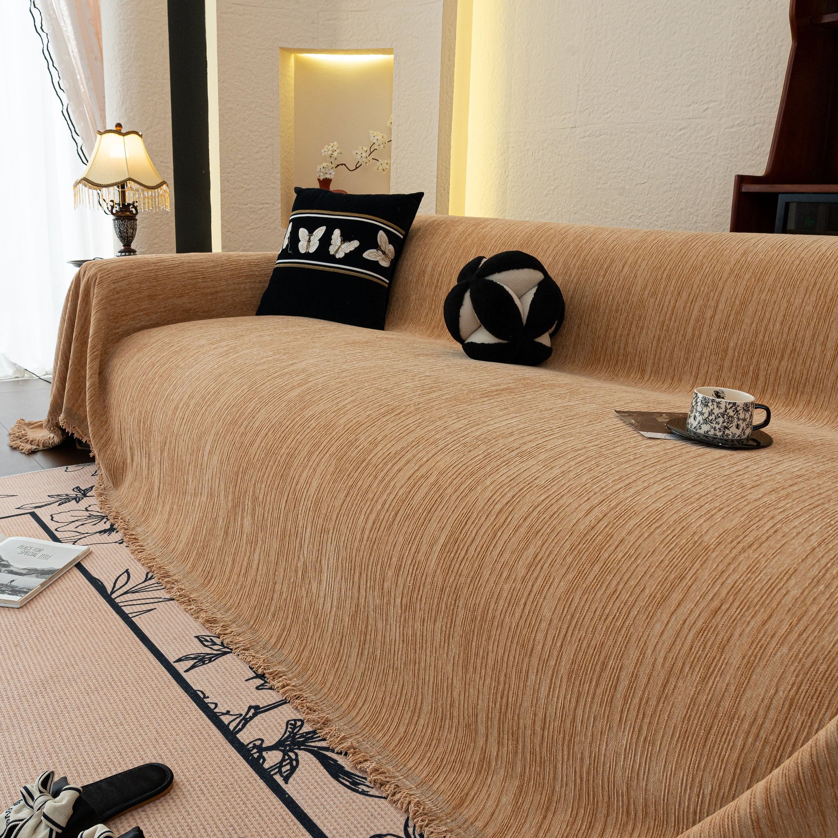 Washable Textured Sofa Cover Throw for Pets, Dogs Furniture Protector with Tassels - Ornate Home
