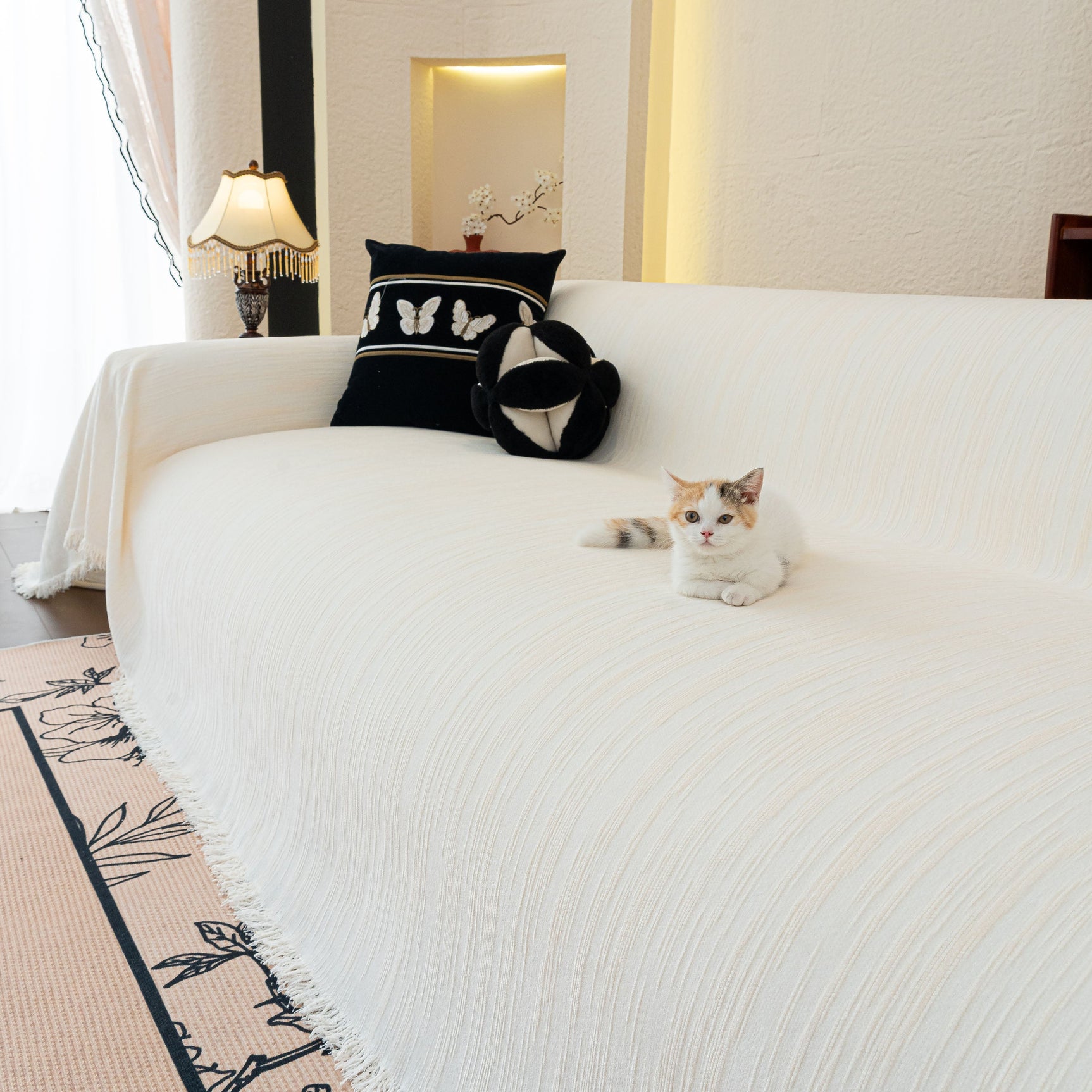 Washable Textured Sofa Cover Throw for Pets, Dogs Furniture Protector with Tassels - Ornate Home