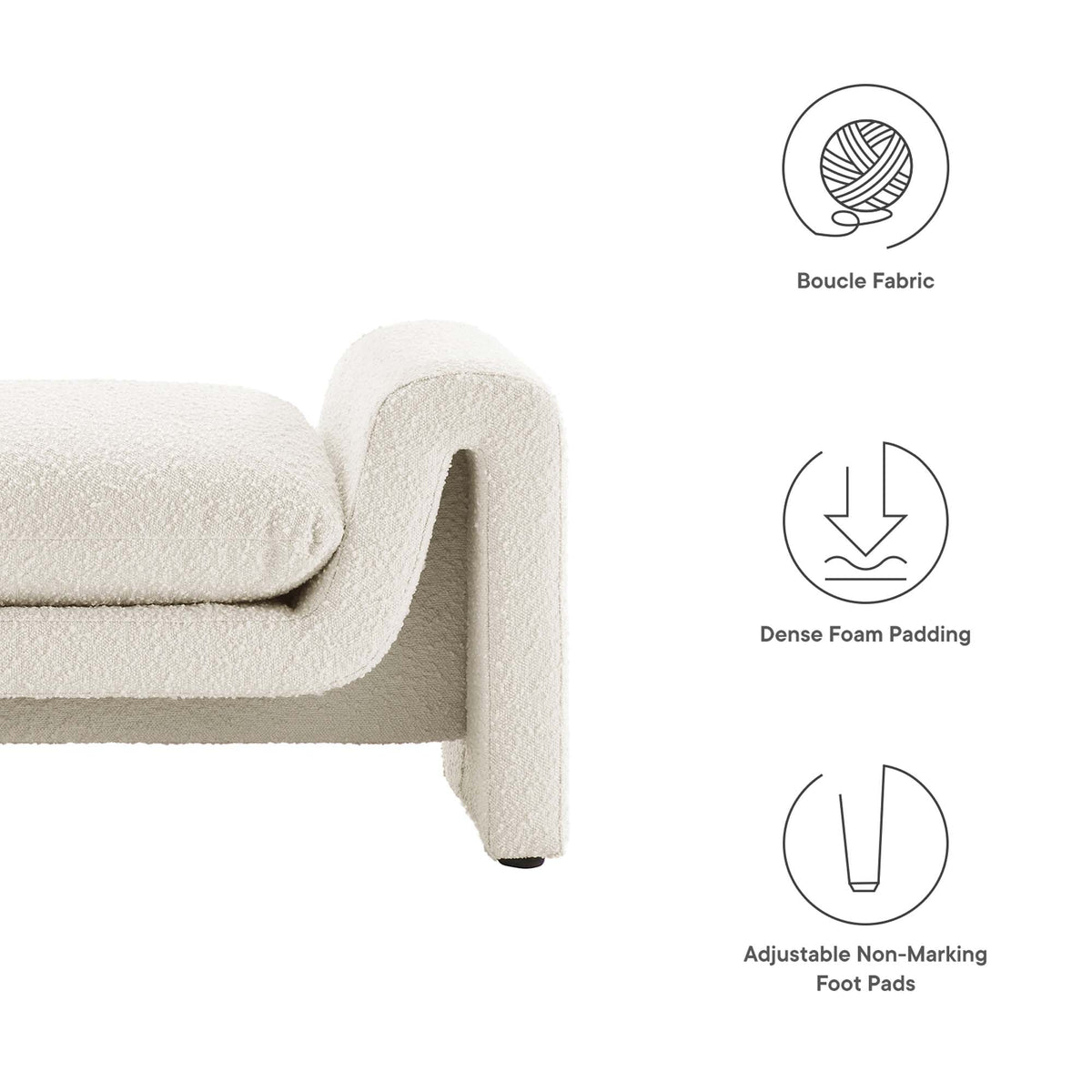 Waverly Ivory Boucle Fabric Bench - Ornate Home