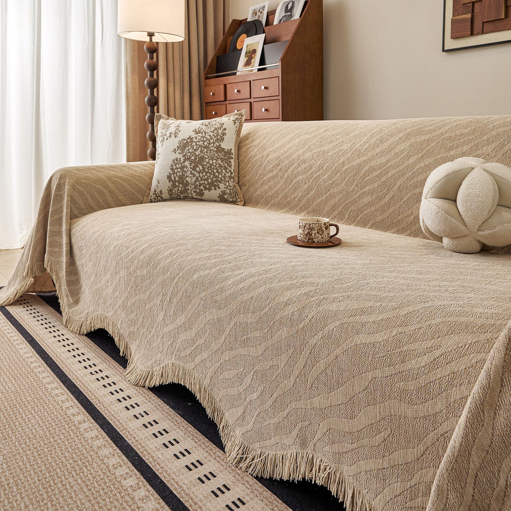 Wavy Wave Pattern Woven Couch Cover with Fringe Tassel, Soft Furniture Cover Protector - Ornate Home